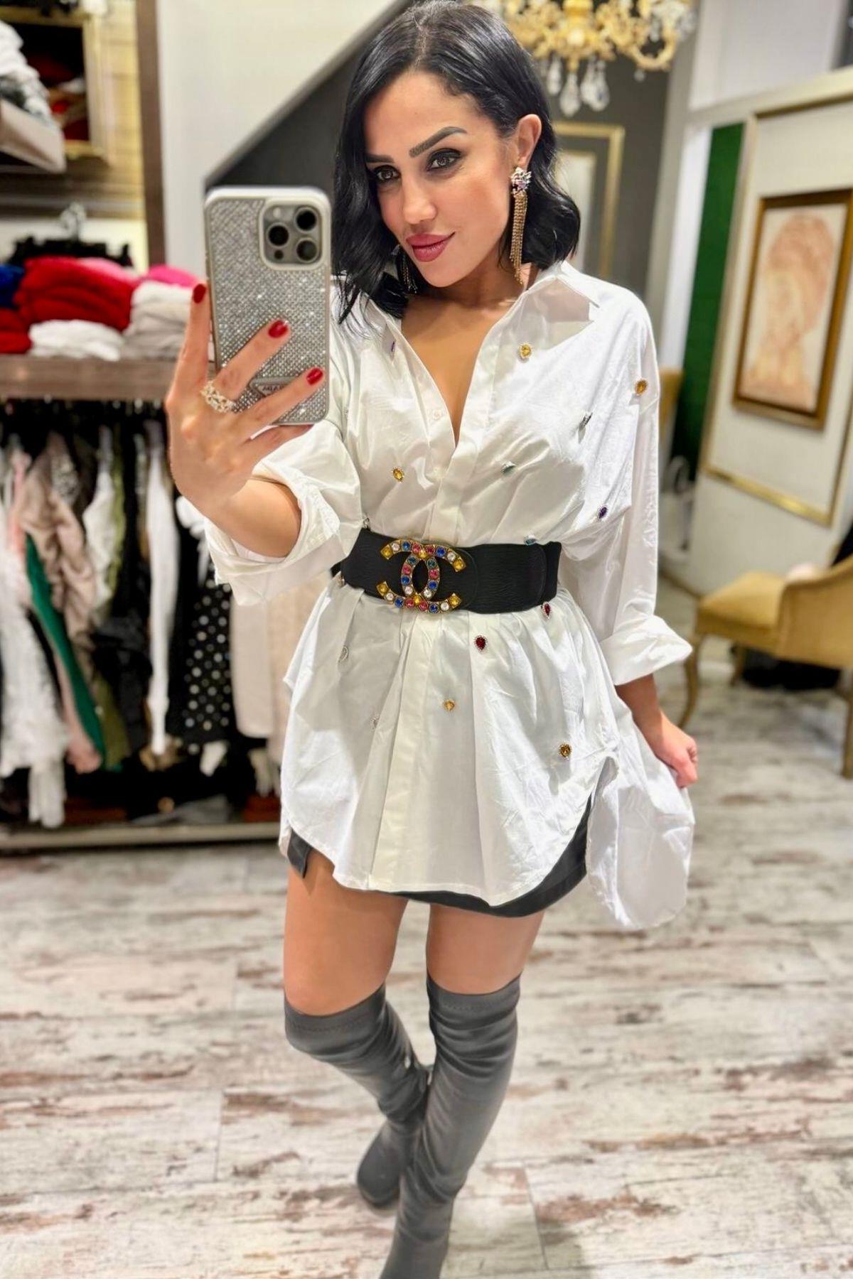 İthal Taşlı Keten Gömlek Beyaz