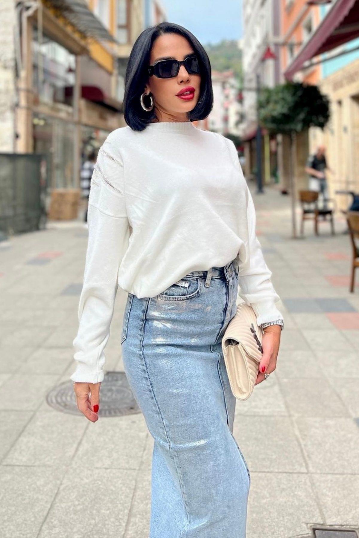 İthal Taşlı Triko Kazak Beyaz