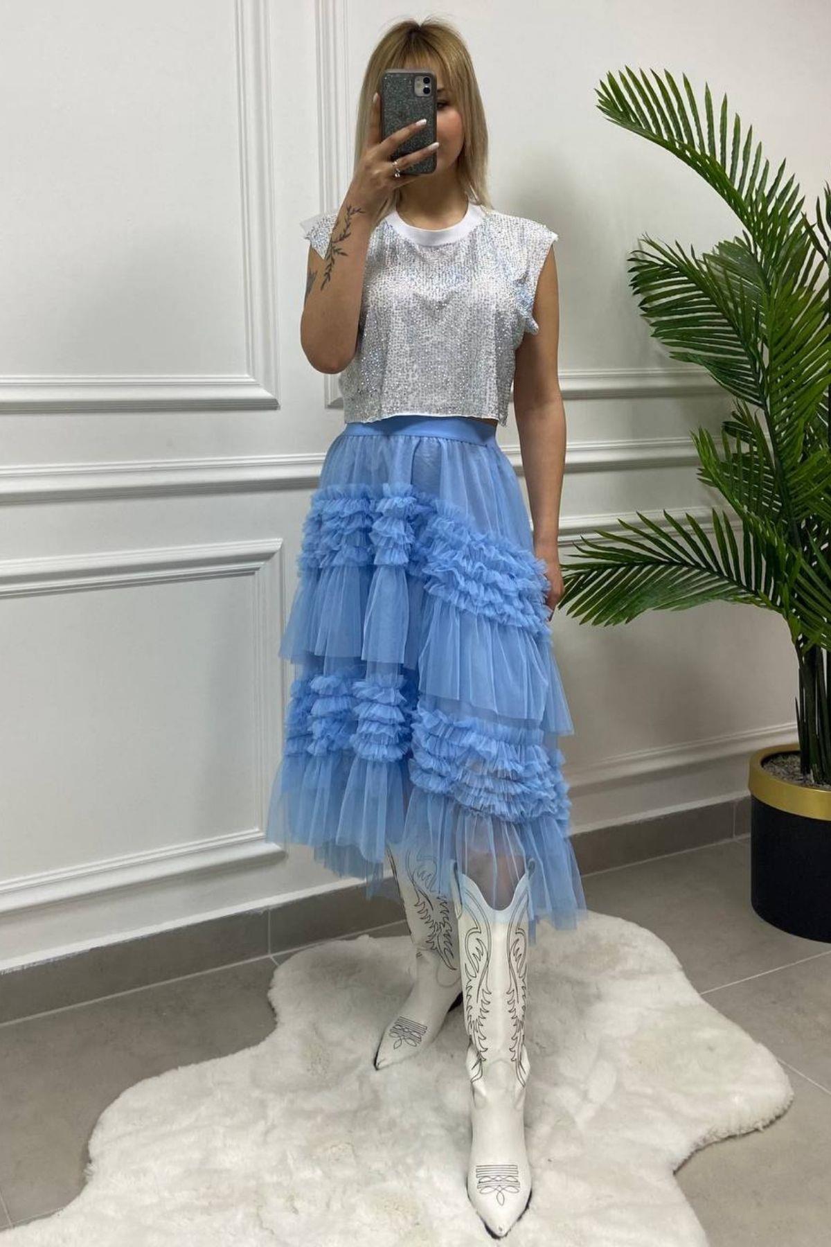 İthal Tül Etek Mavi