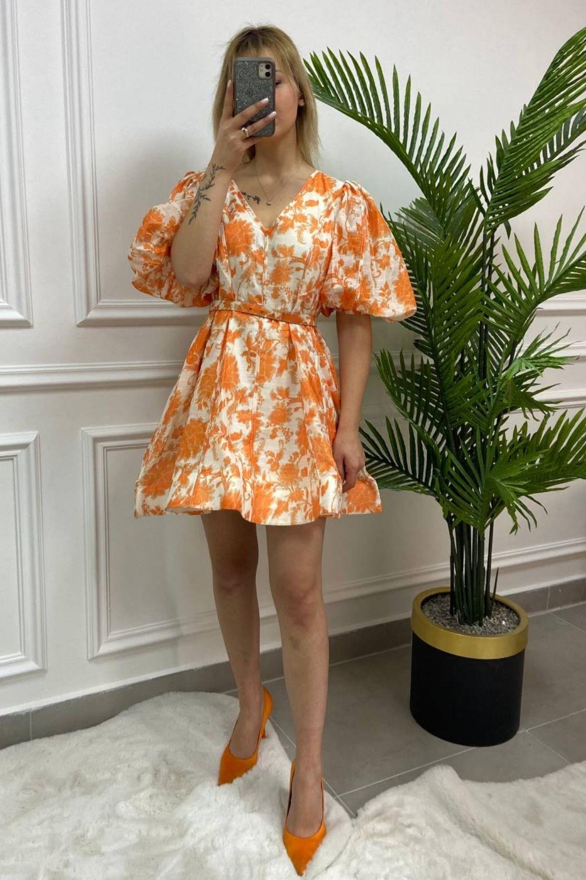 İthal Turuncu Çiçekli Elbise 