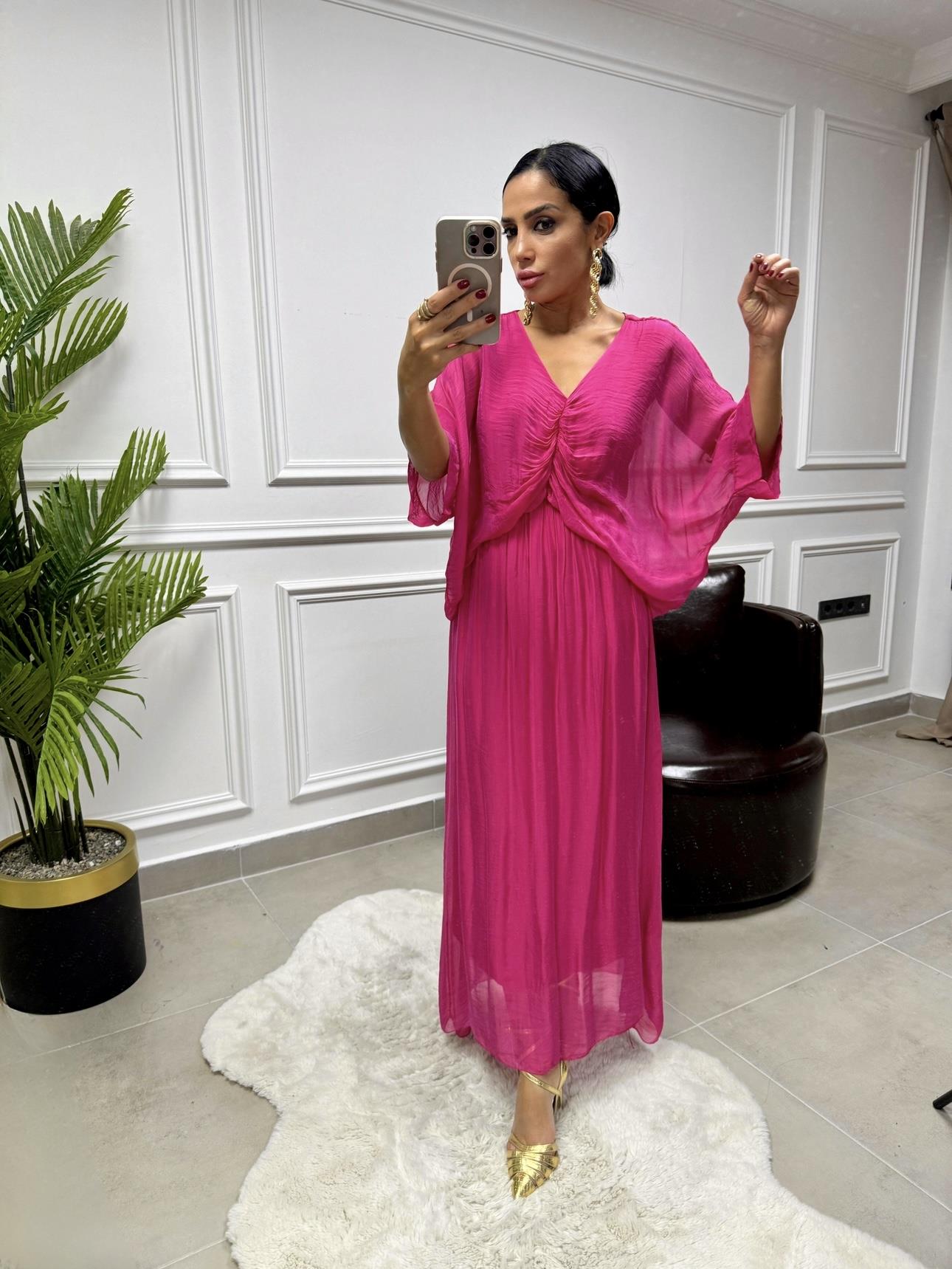 İthal V Yaka İpek Elbise