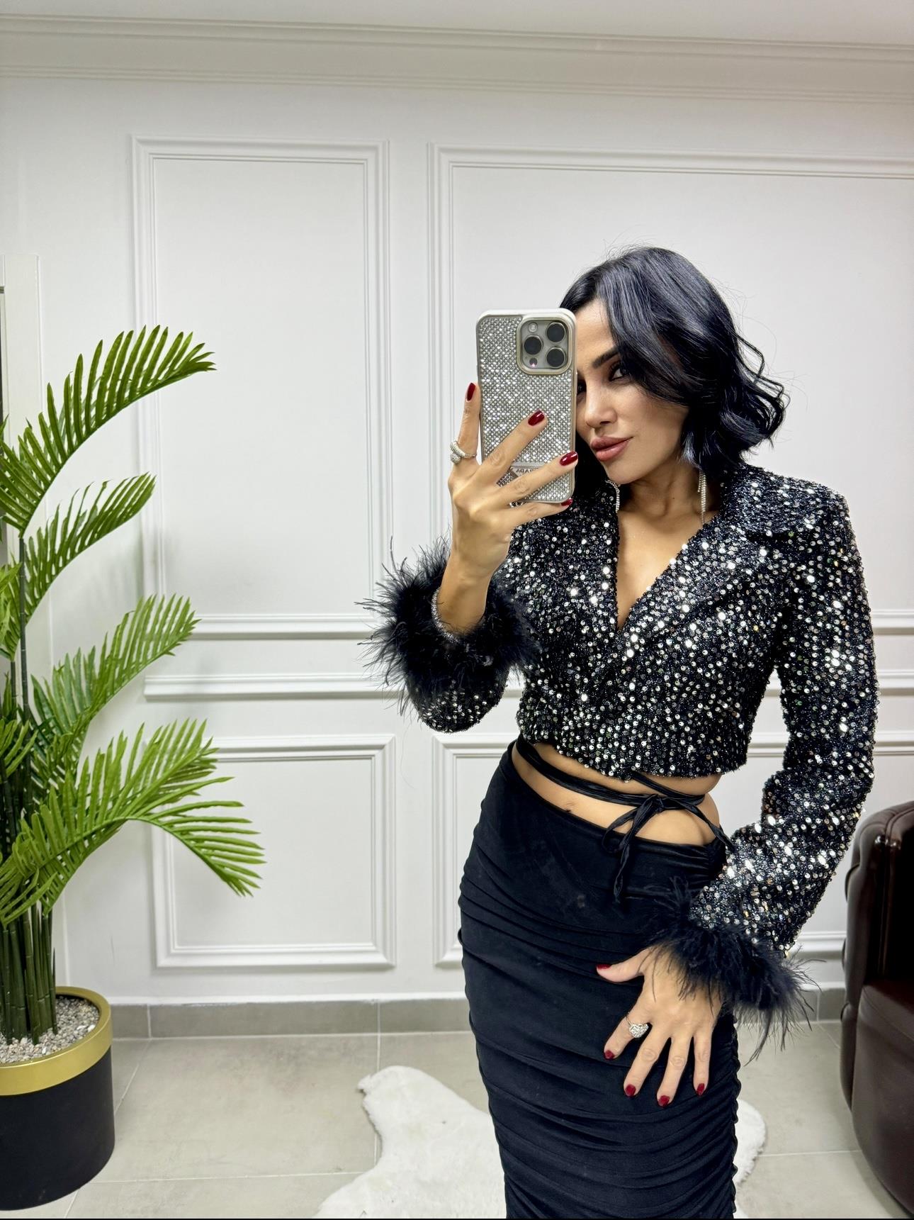 Otriş Kol Payetli Mini Ceket