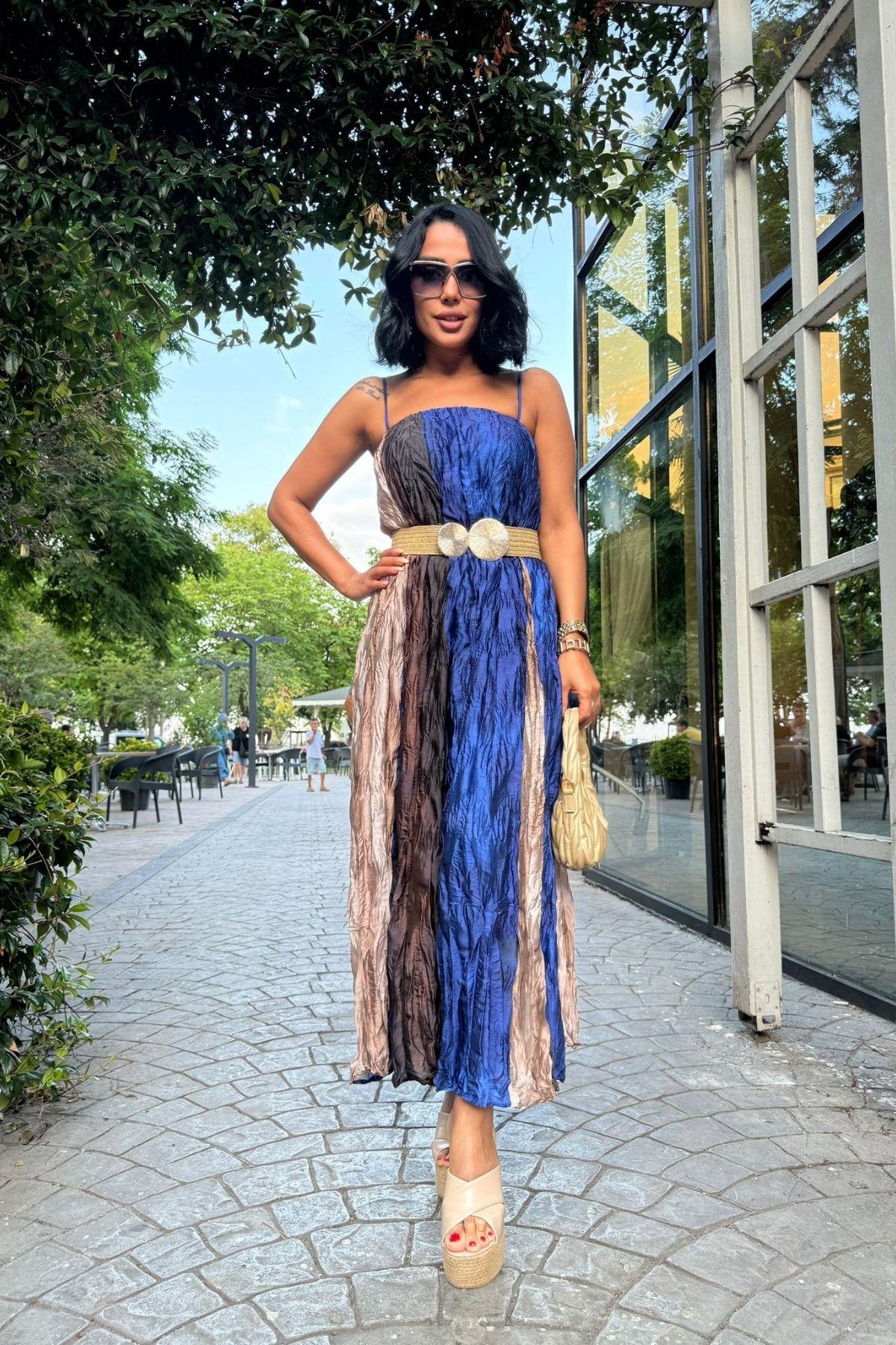 Parçalı İp Askılı Elbise