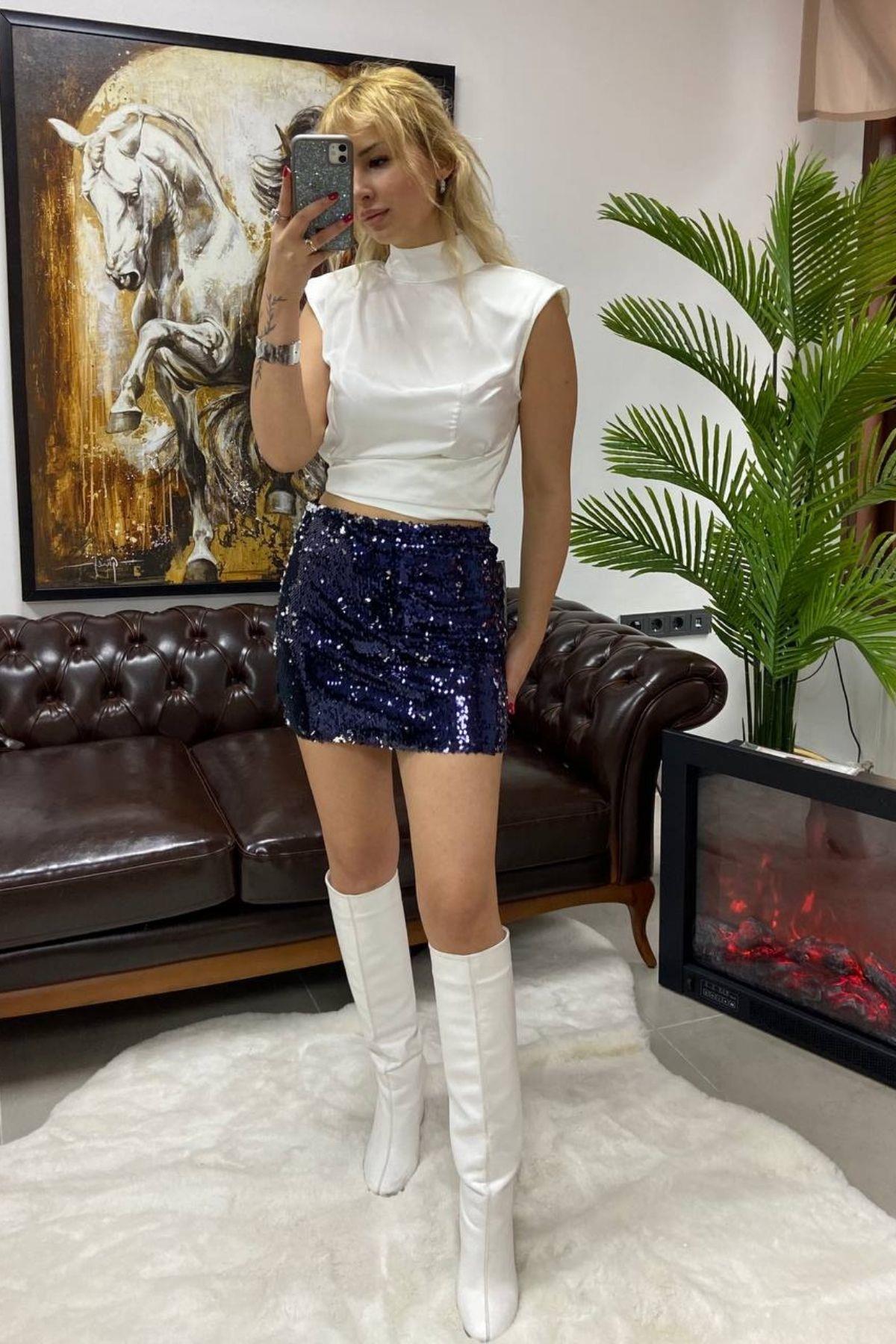 Payetli Etek Lacivert