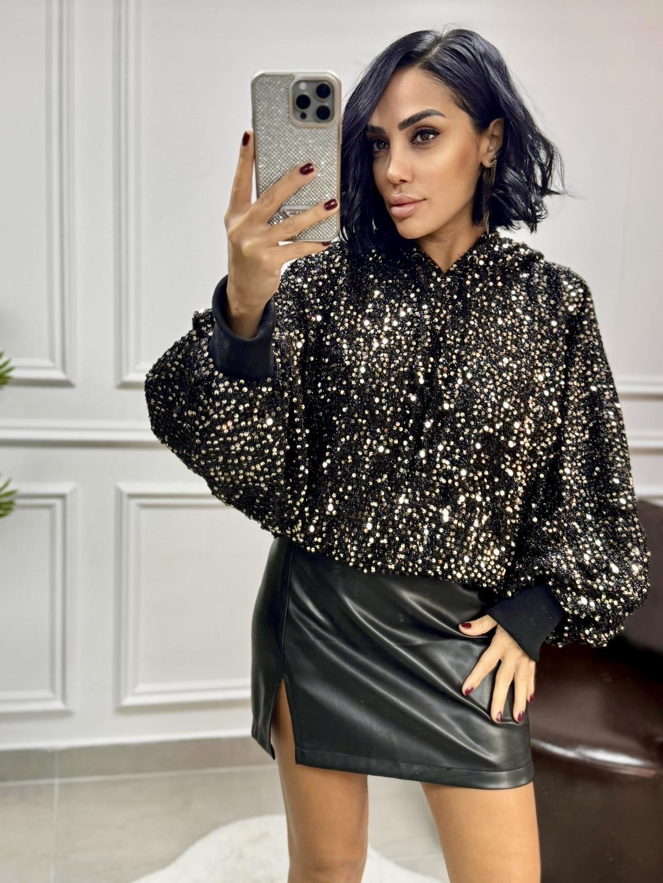 Payetli Kapüşonlu Sweat