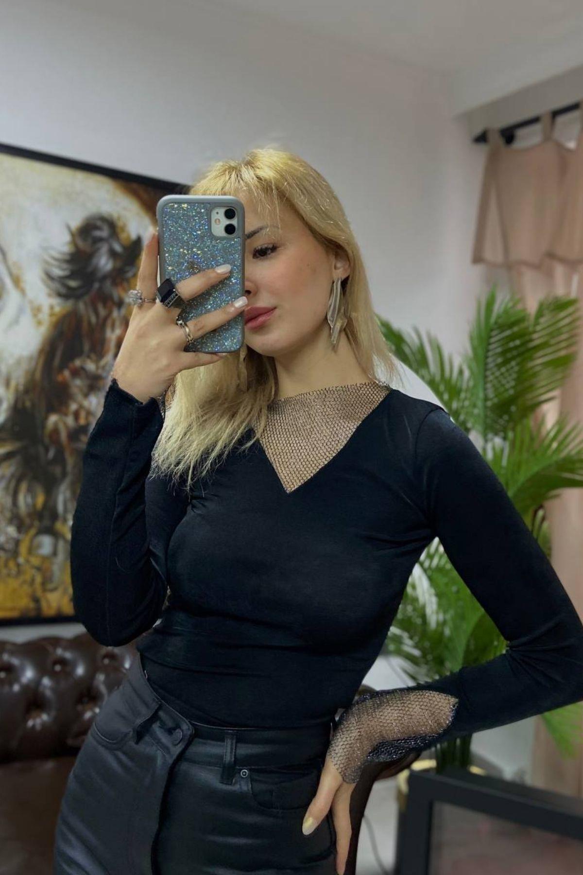 Simli File Bluz Siyah