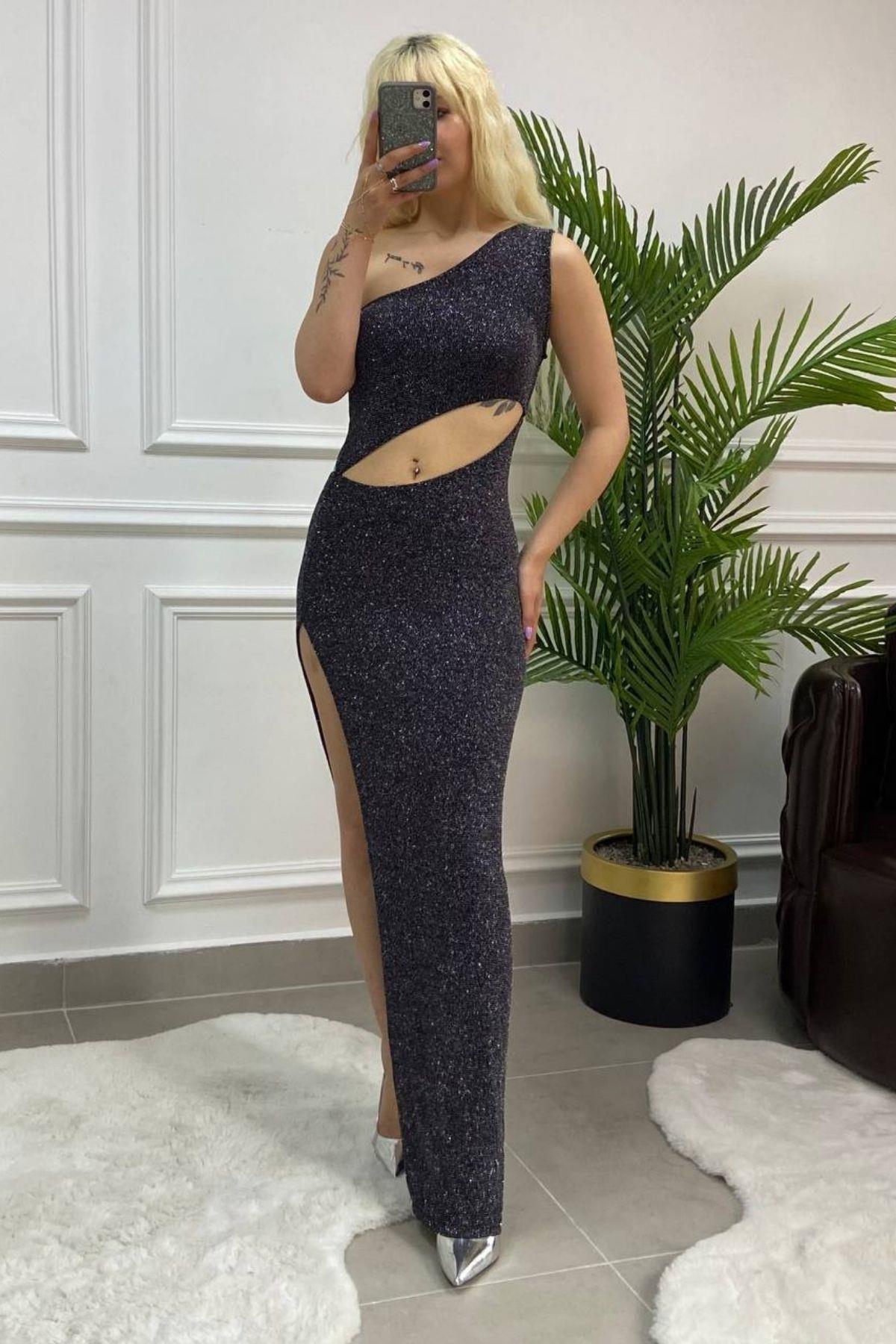 Simli Maxi Elbise Siyah