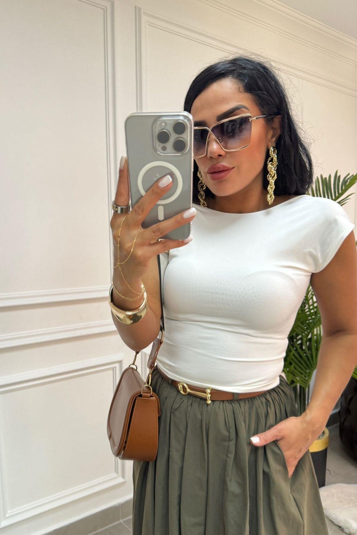 Sırt Dekolteli Crop Beyaz