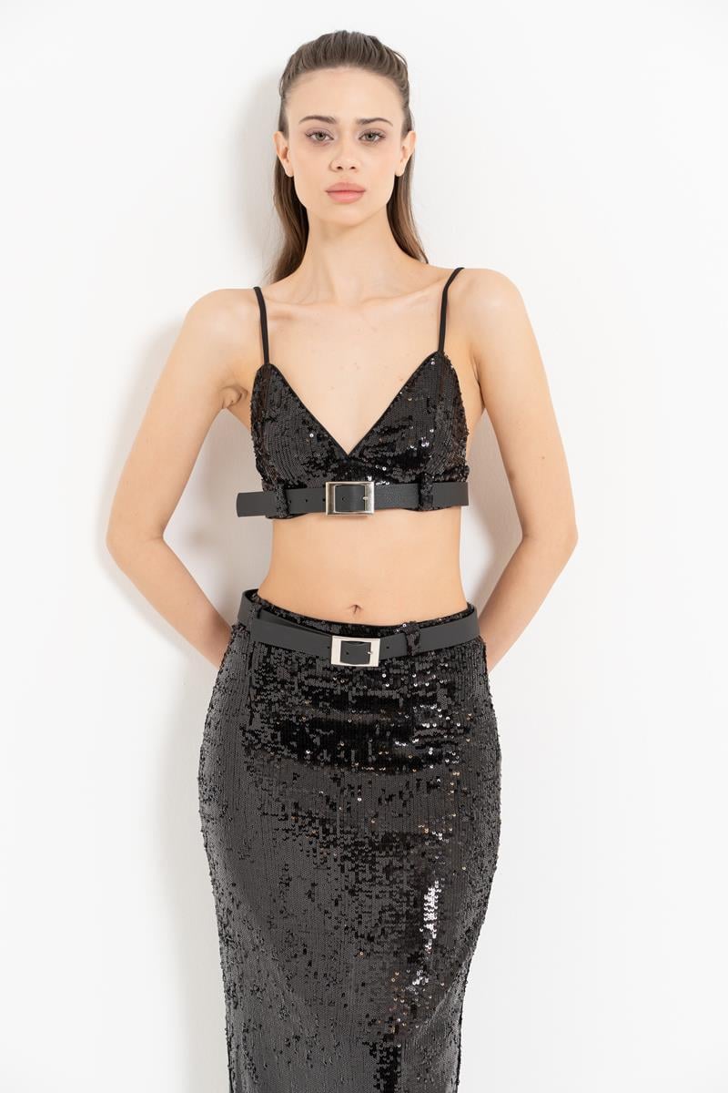 Siyah Kemer Detaylı Pullu Büstiyer & Uzun Etek Takım