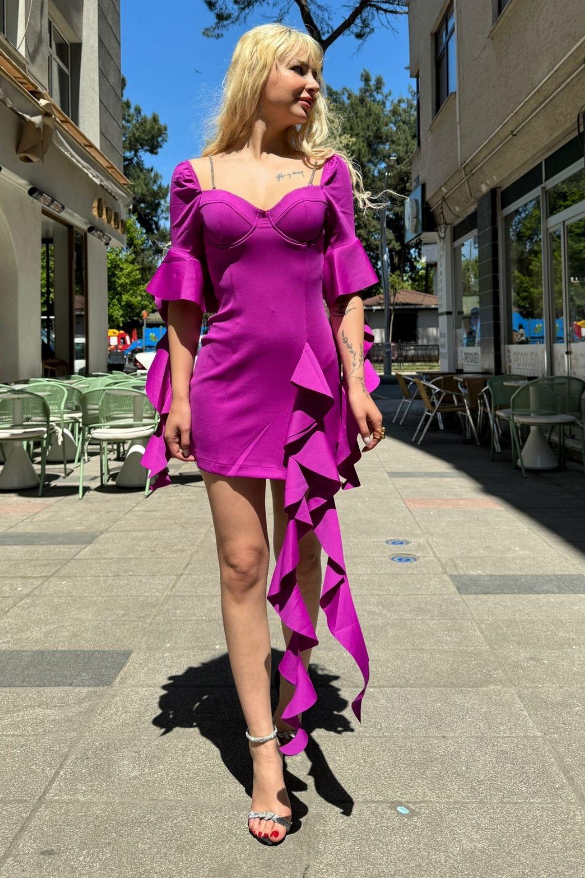 Taş Askılı Volanlı Mini Elbise Mor