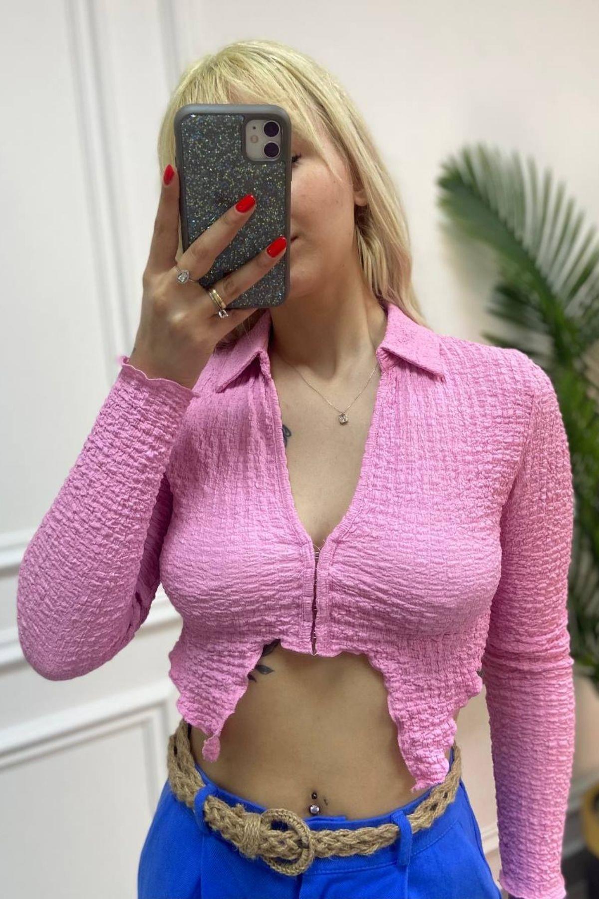 Uzun Kol Örme Bluz Pembe