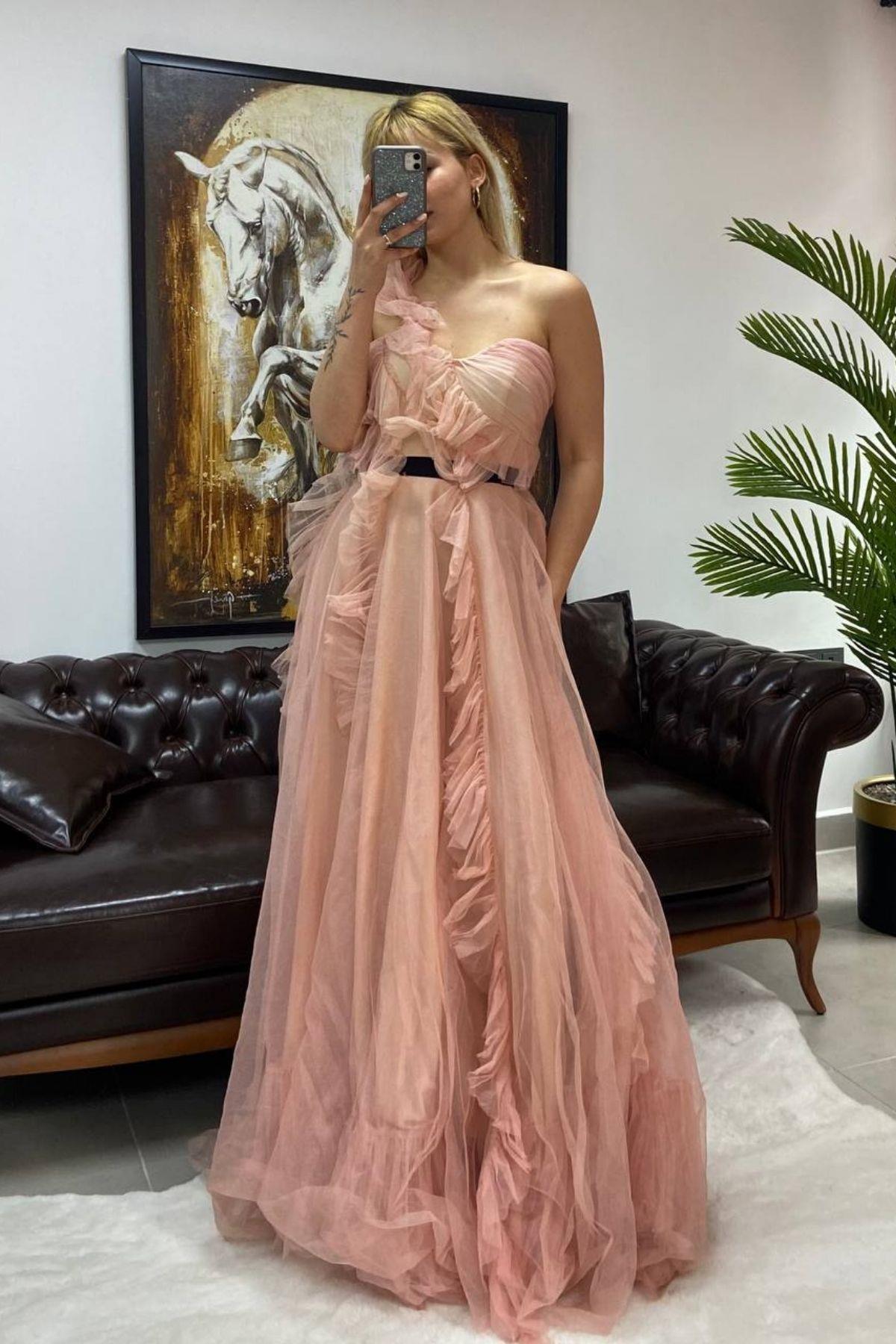 Uzun Tüllü Elbise Pembe