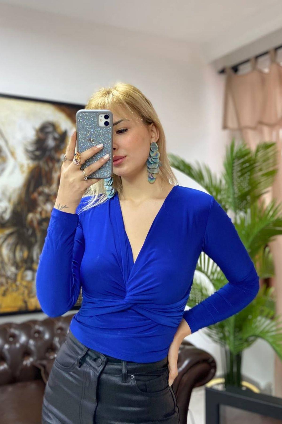 V Yaka Bluz Saks Mavi