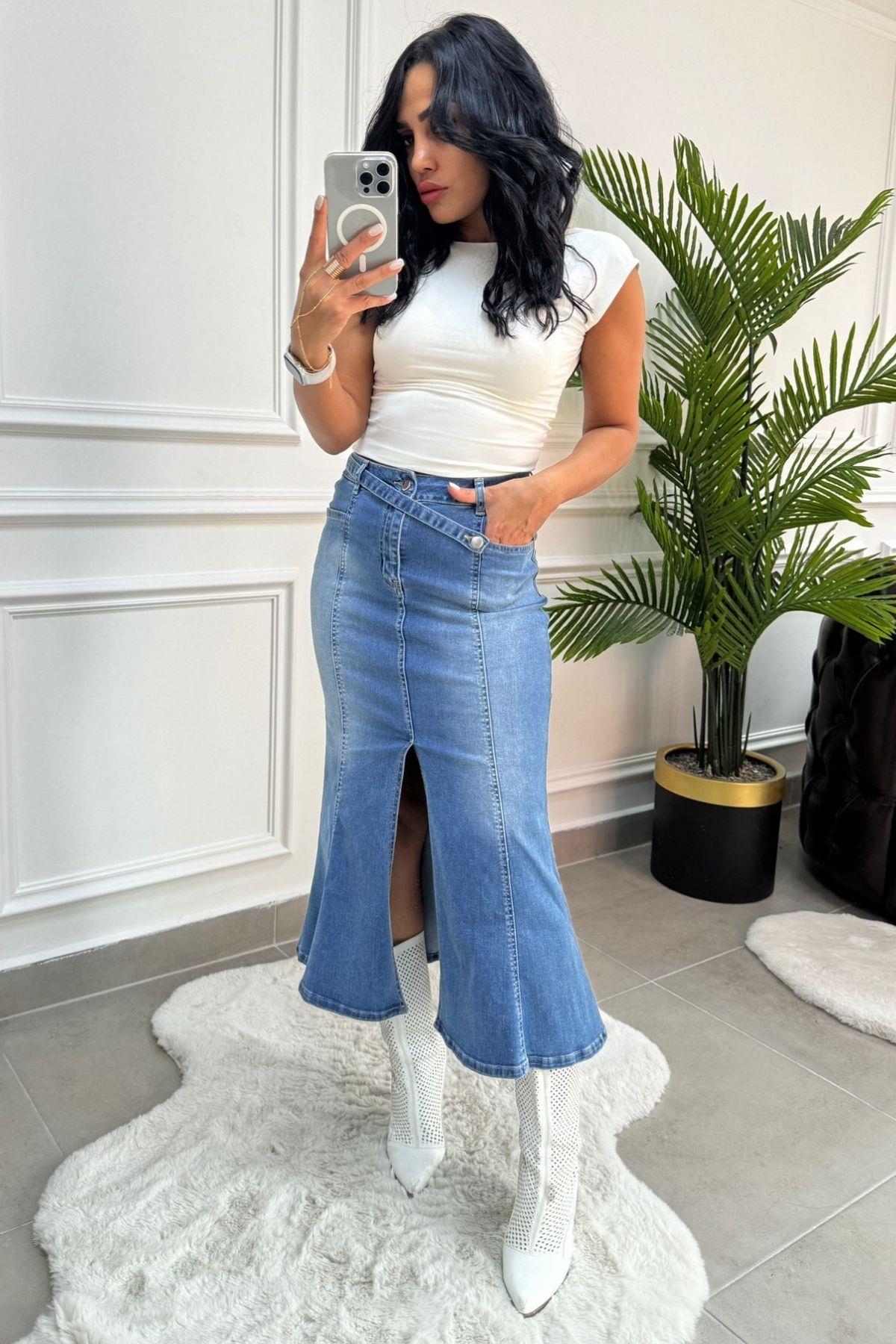 Yırtmaçlı Denim Etek