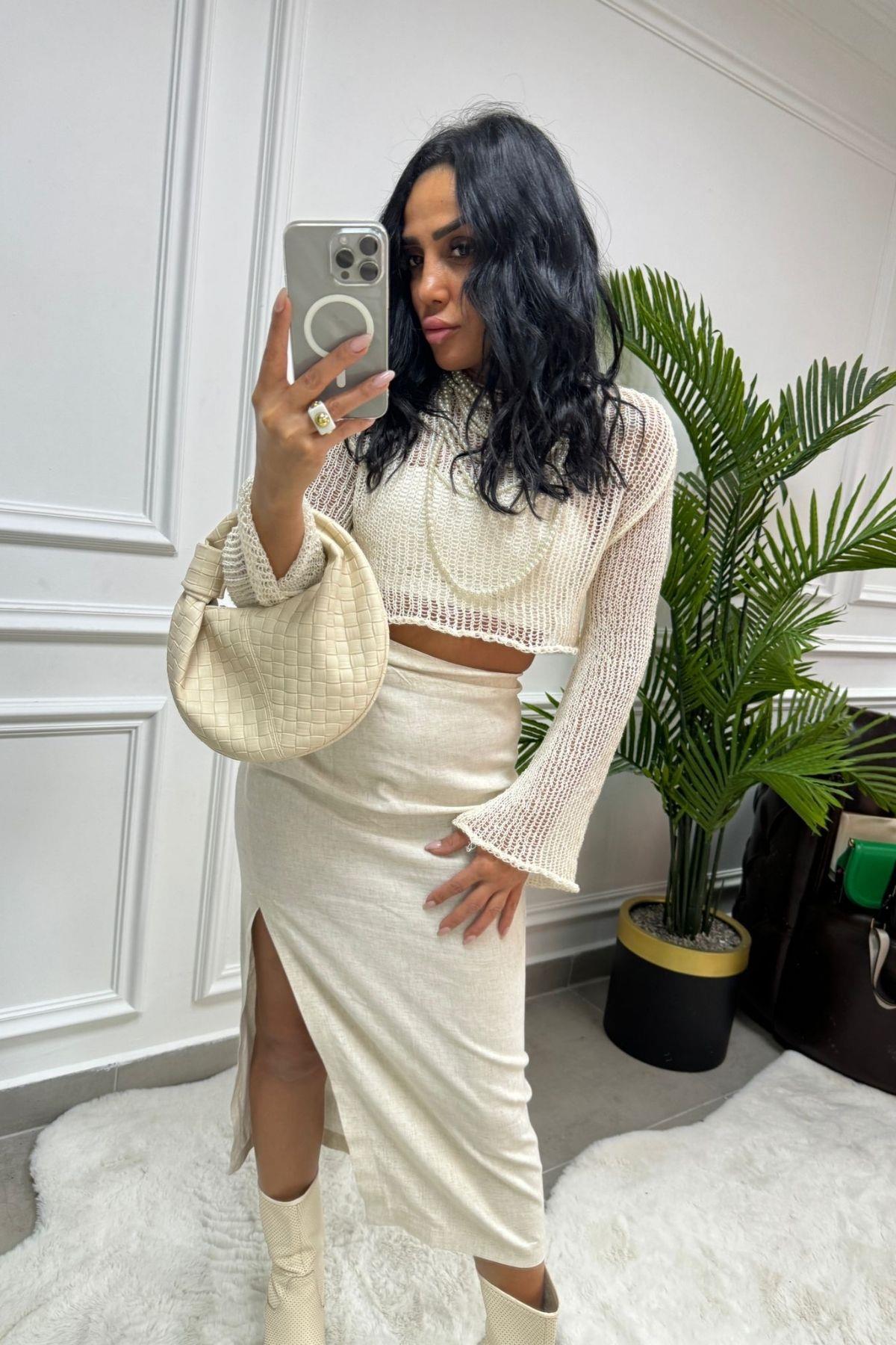 Yırtmaçlı Keten Mini Etek