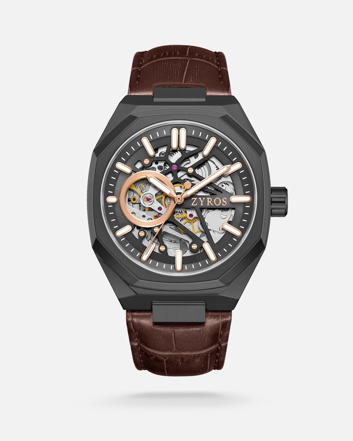 ZYROS Kahverengi Deri Kordon Automatic Erkek Saati
