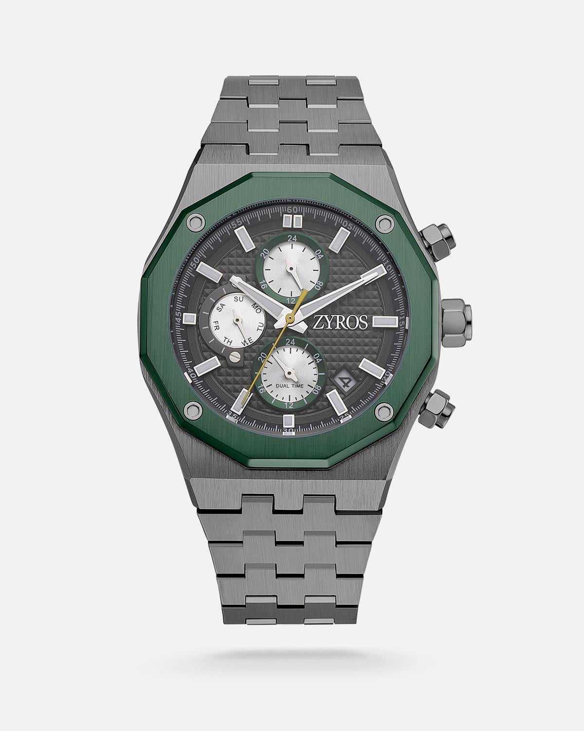 Zyros Gri Çelik Kordon Yeşil Çerçeve Erkek Kol Saati