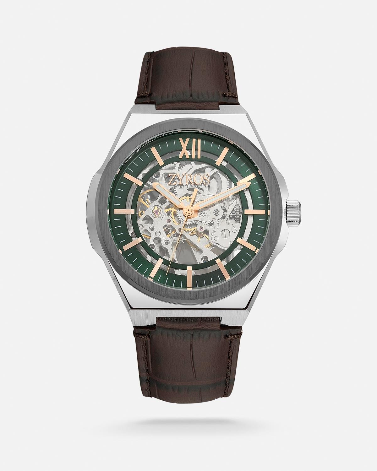 ZYROS Kahverengi Deri  Kordon Automatic Erkek Saati 