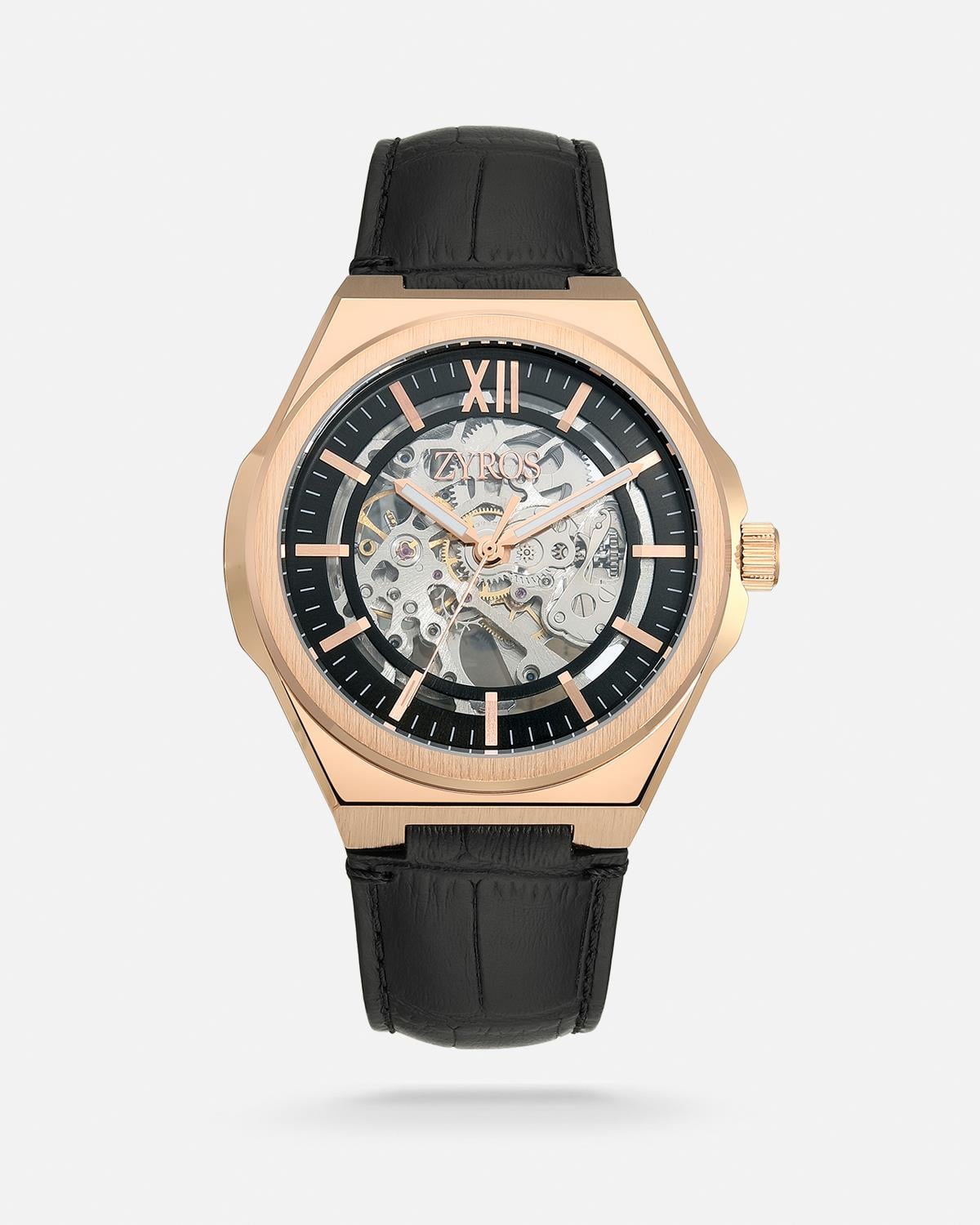 ZYROS Siyah Deri  Kordon Automatic Erkek Saati 