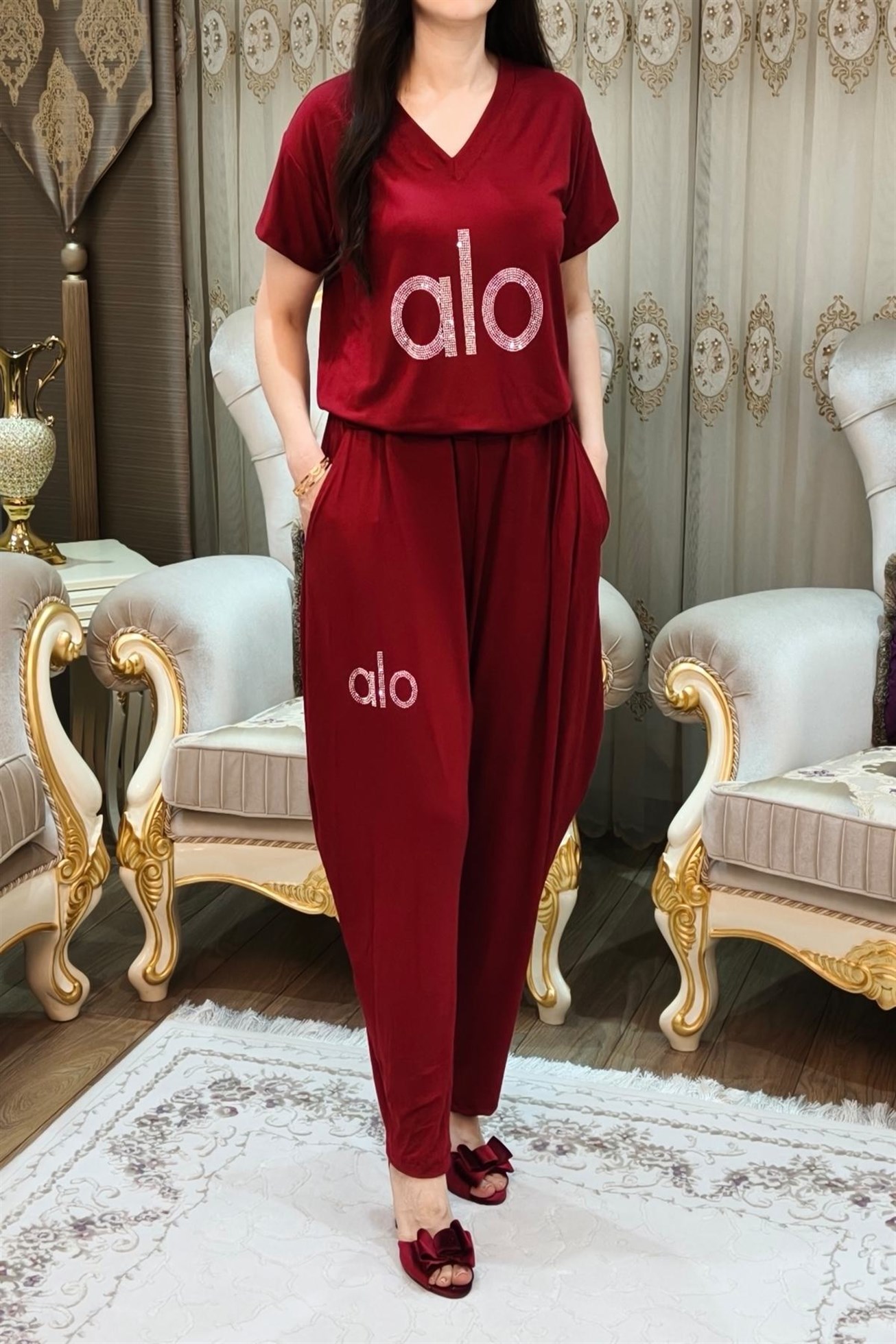 Bordo Alo Baskılı Taşlı 2 Parça Bluz ve Şalvar Takımı