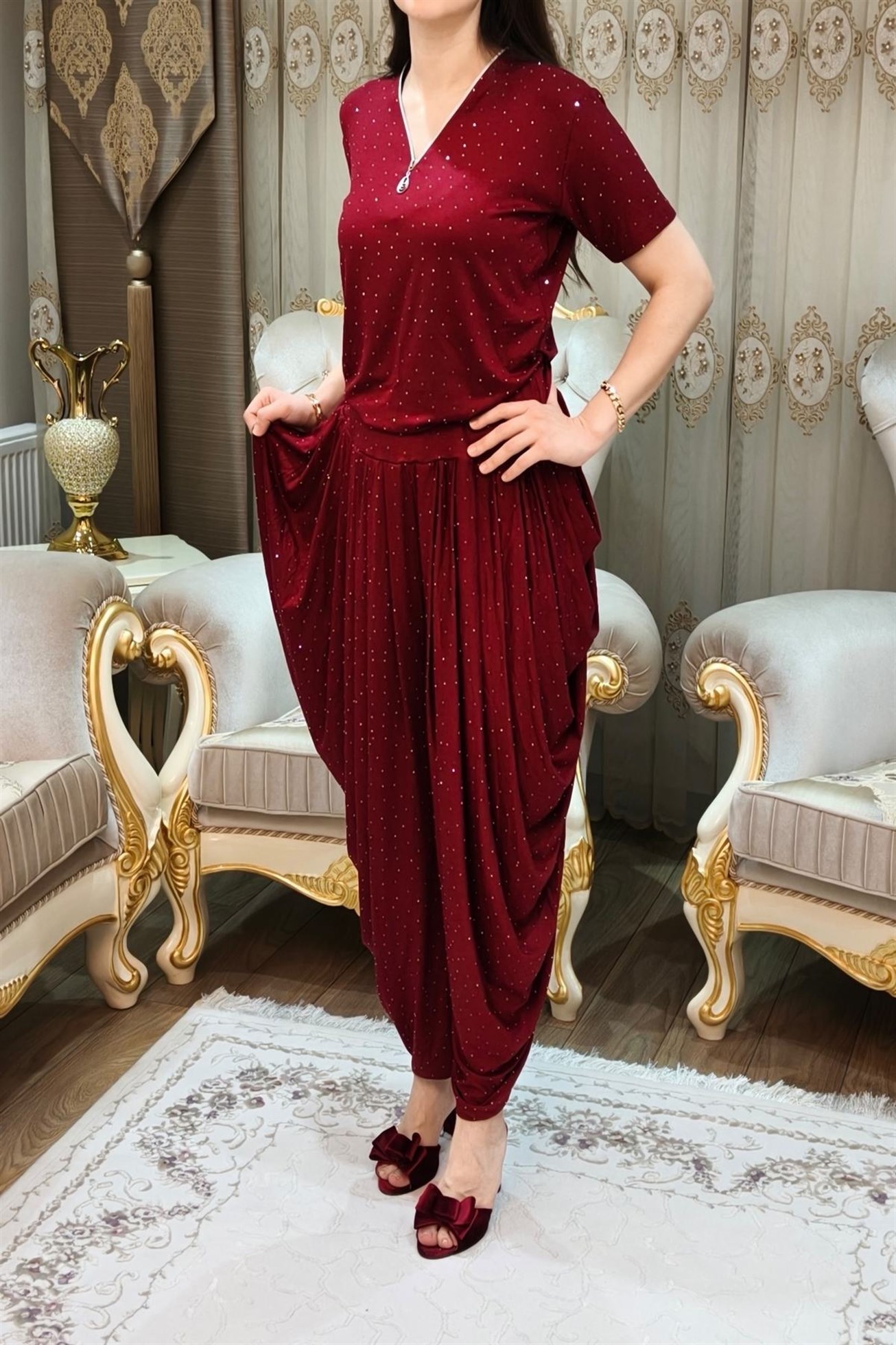 Bordo Bluz Arnavut Şalvar Pantolon Takımı
