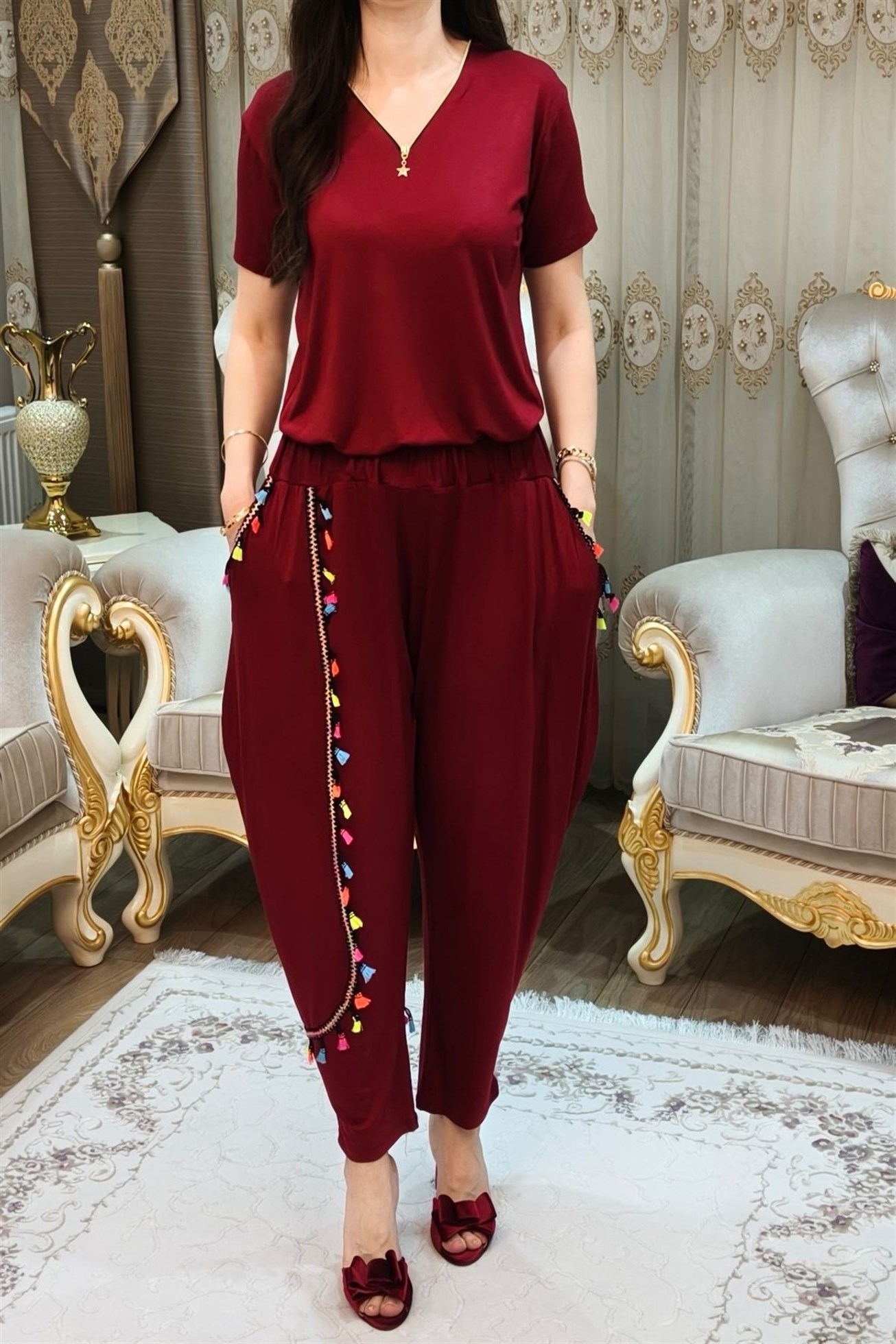 Bordo İpli 2 Parça Bluz ve Şalvar Takımı