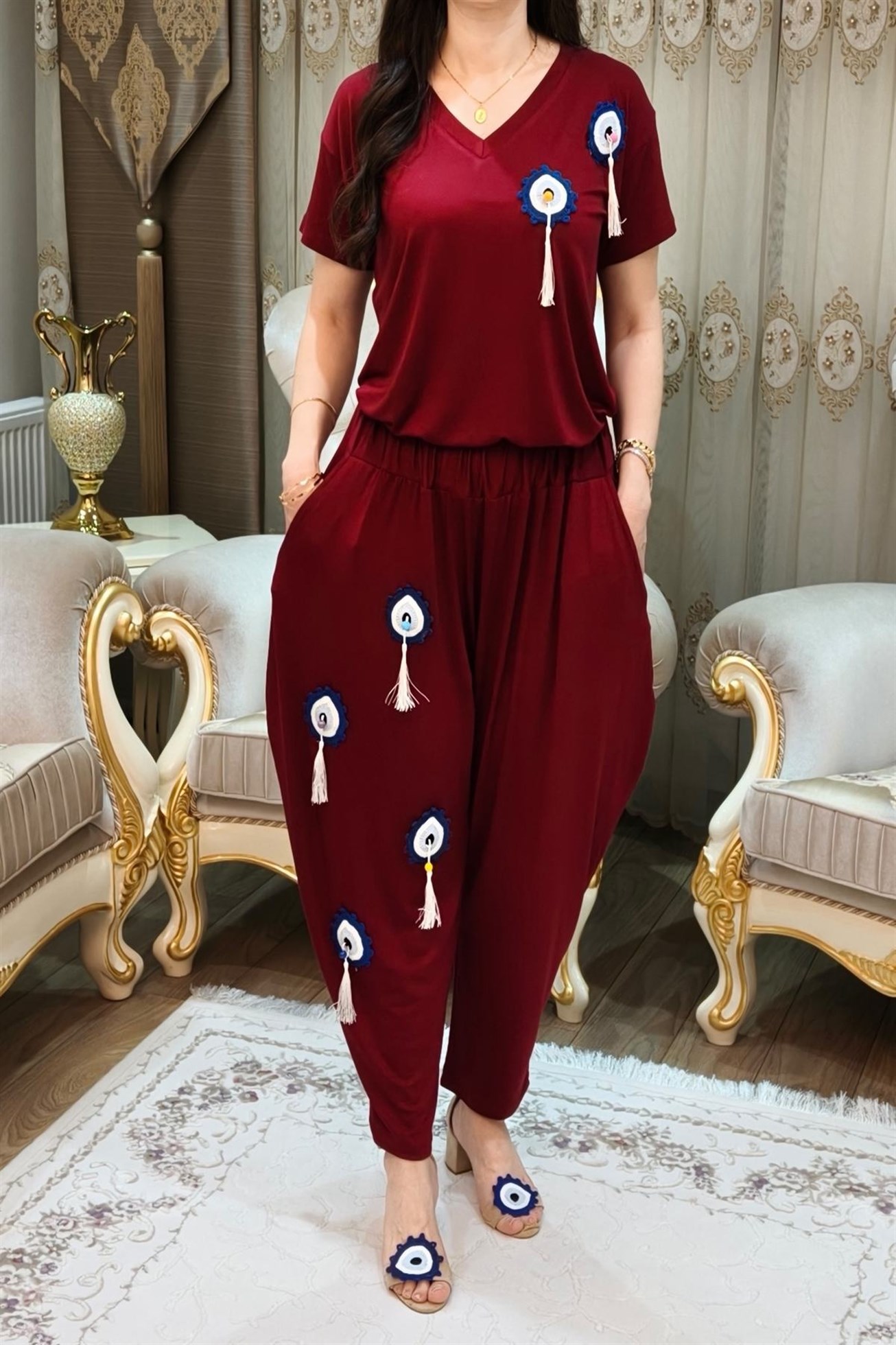 Bordo Nazar Boncuklu Püsküllü 2 Parça Bluz ve Şalvar Takımı