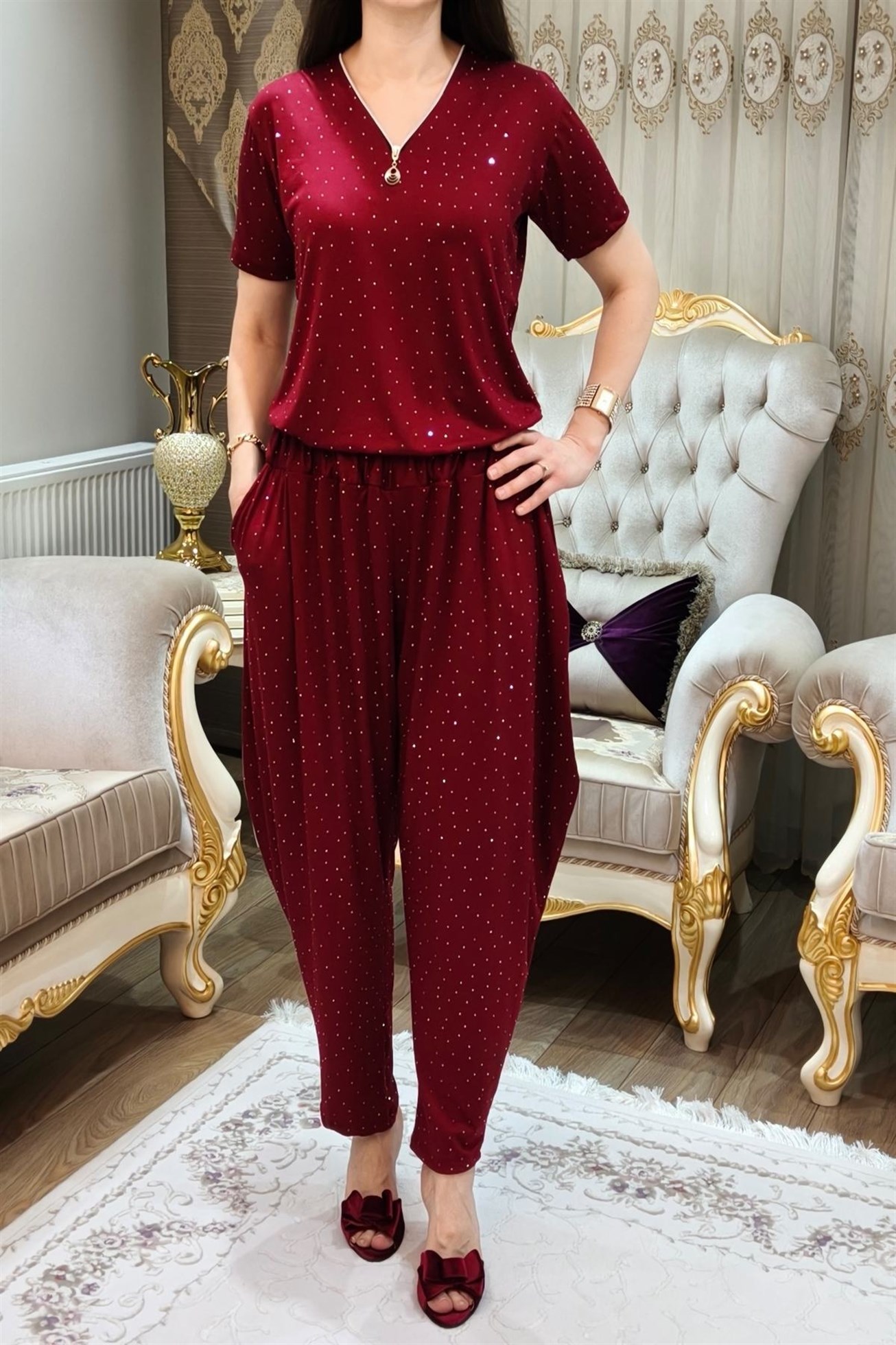 Bordo Taşlı 2 Parça Bluz ve Şalvar Takımı
