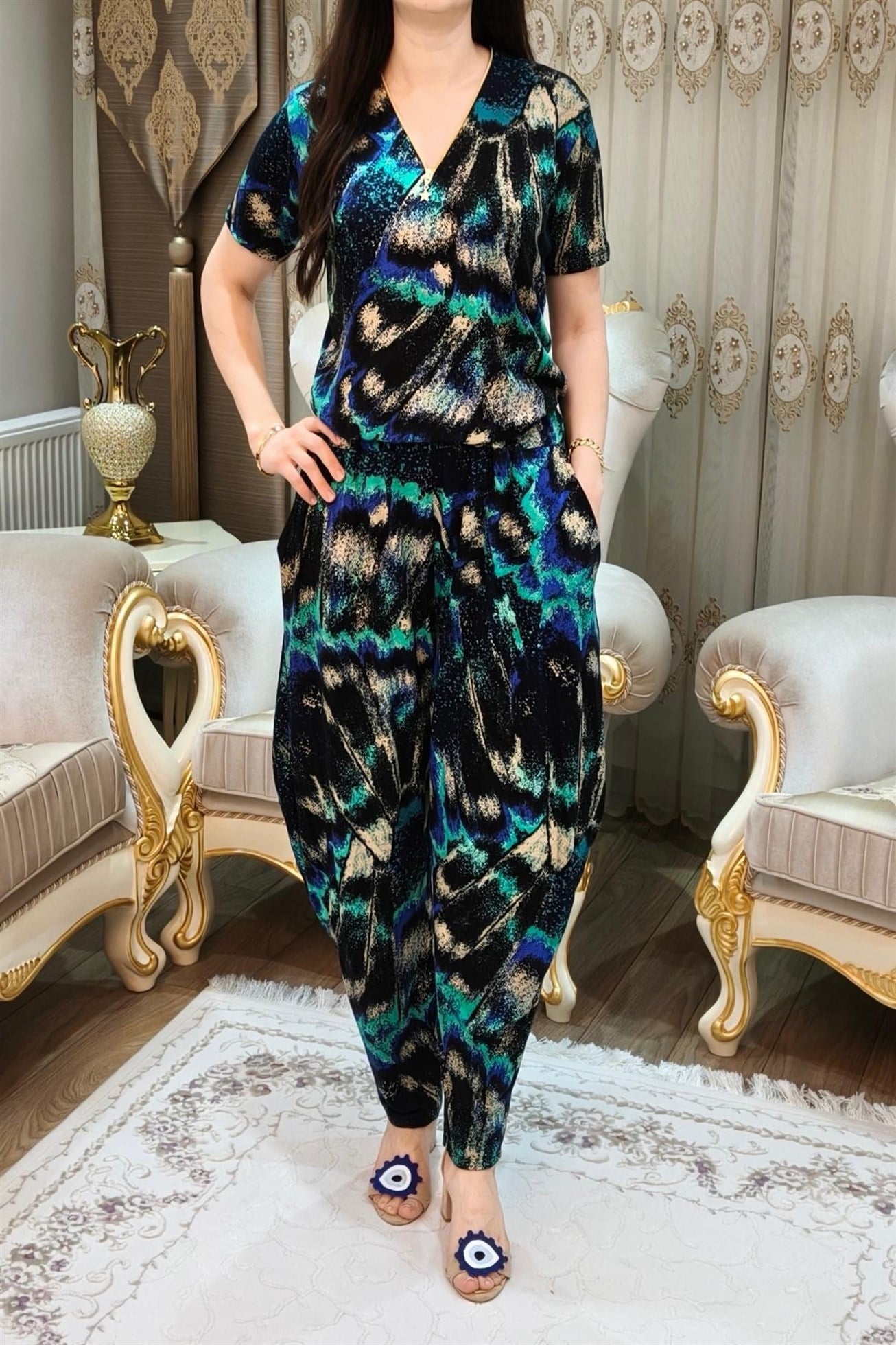 Desenli Cepli Bluz Şalvar Pantolon Takımı 50 Kilodan 100 Kiloya Kadar Olur 1