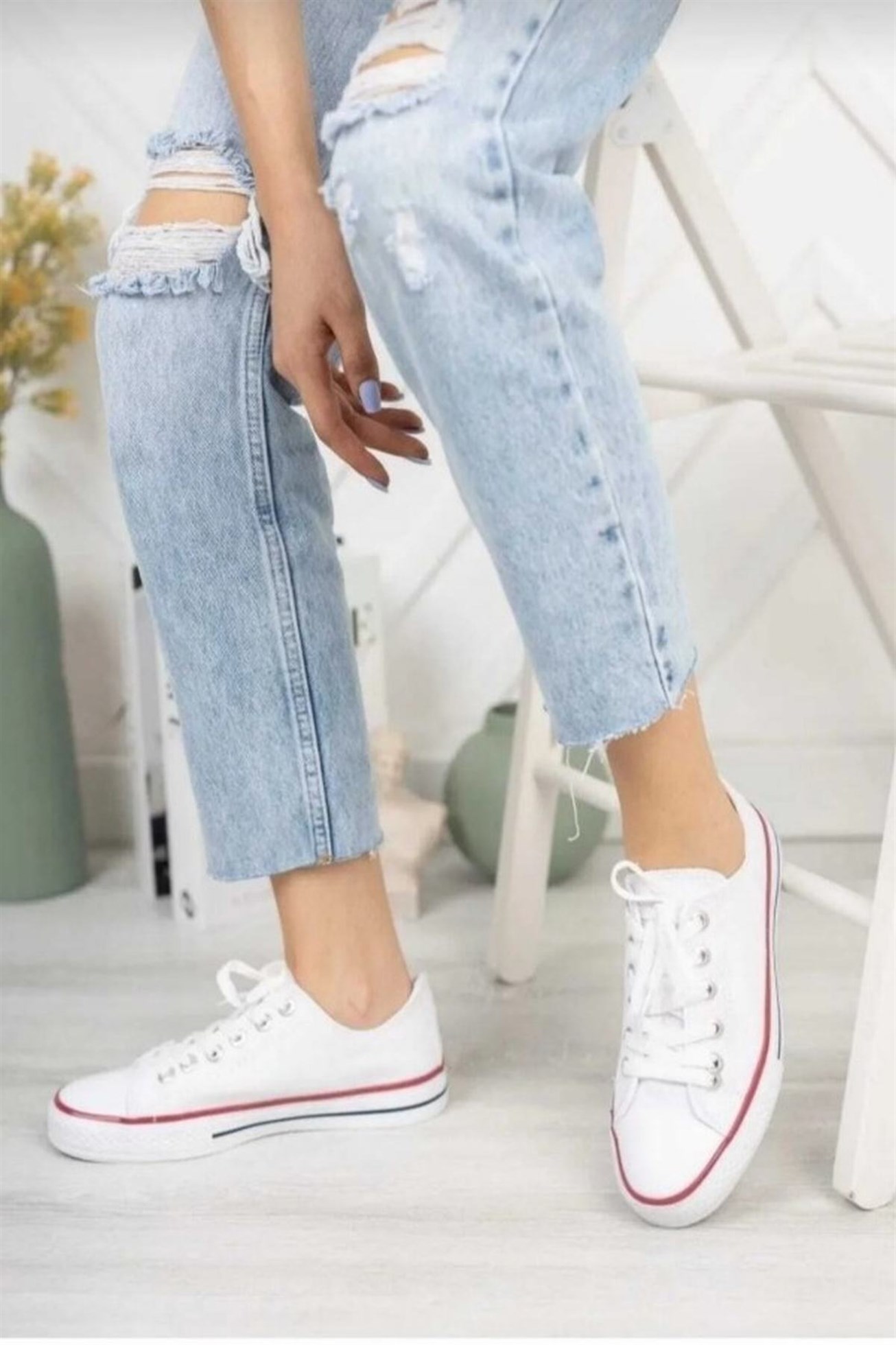 Unisex Beyaz Kanvas Bağcıklı Spor Ayakkabı