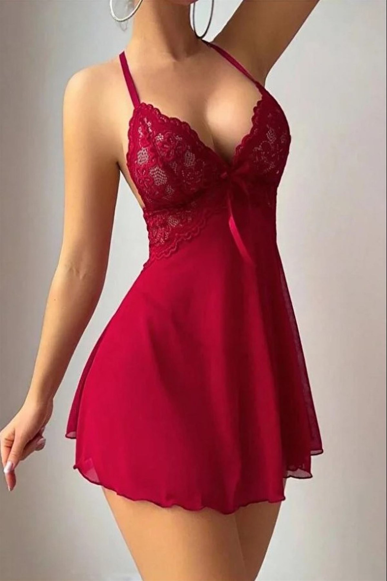 Kadın Kırmızı Dantel Detaylı İp Askılı Fiyonklu Fantezi Babydoll Gecelik