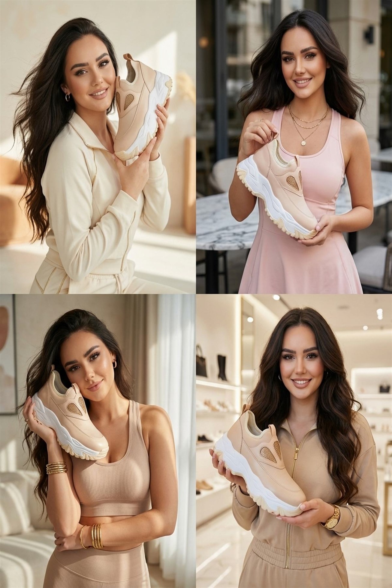 Kalp Taş İşlemeli 10 CM Gizli Topuk Bej Renk Kadın Spor Ayakkabı