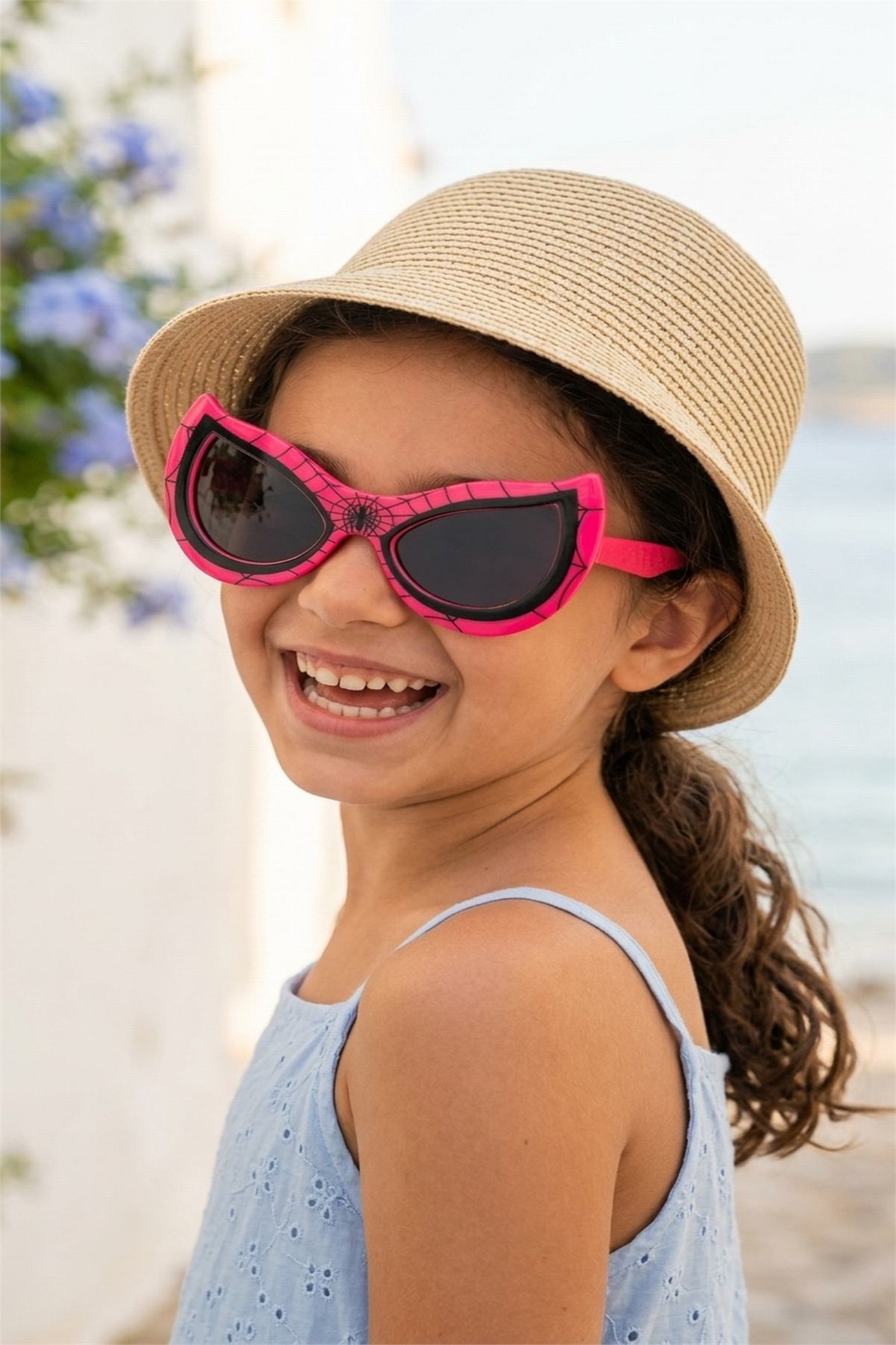 Koyu Pembe Örümcek Ağı Temalı Unisex Çocuk Güneş Gözlüğü