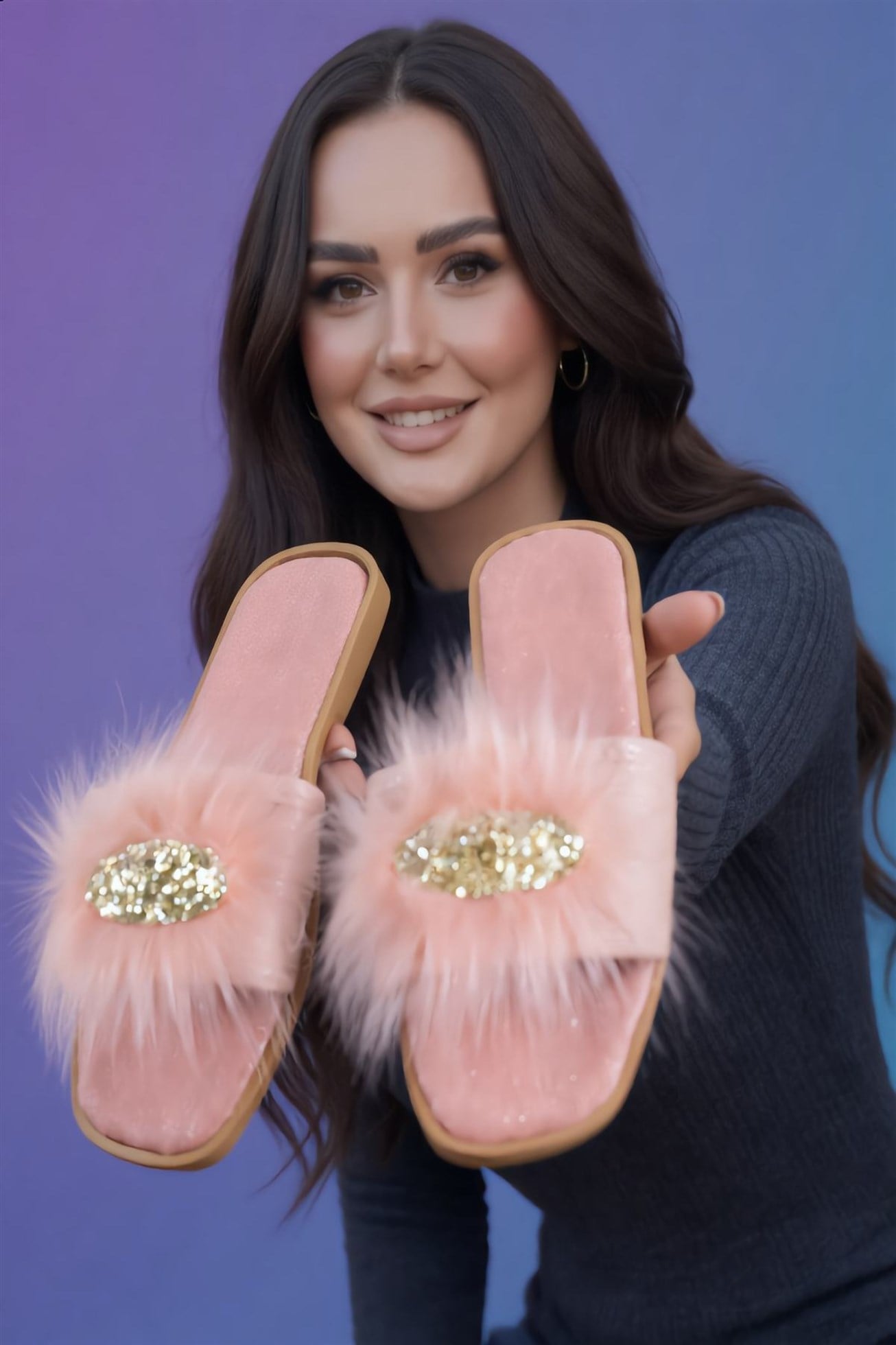 Toka Detaylı Pembe Tüylü Rahat Kadın Ev Terliği