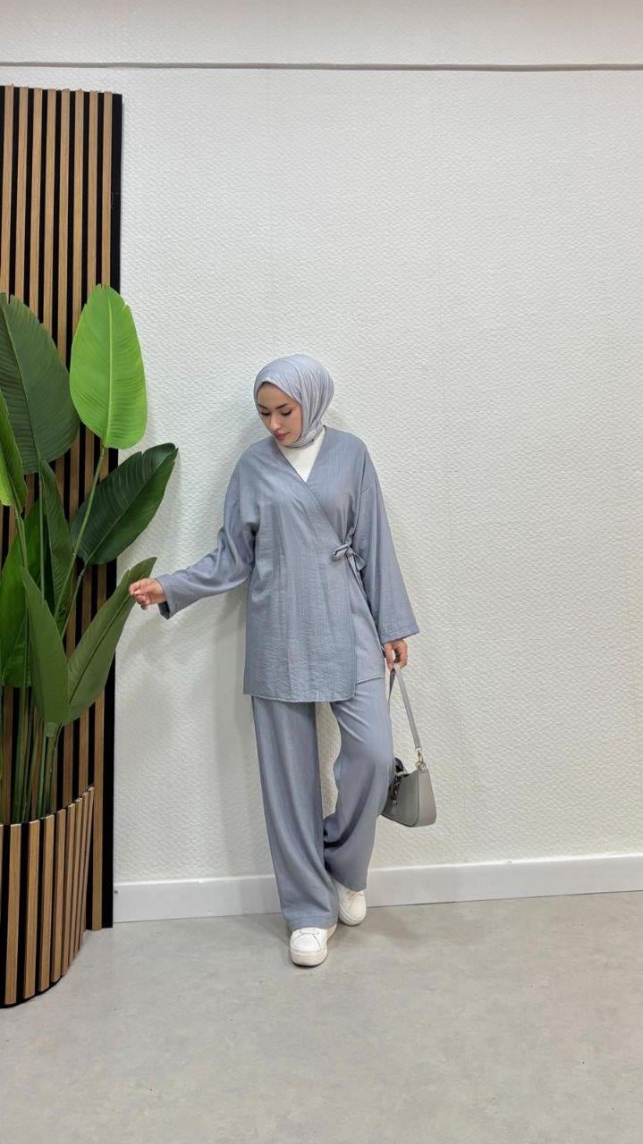 Çapraz Bağlamalı Keten Kimono Pantolon Takım