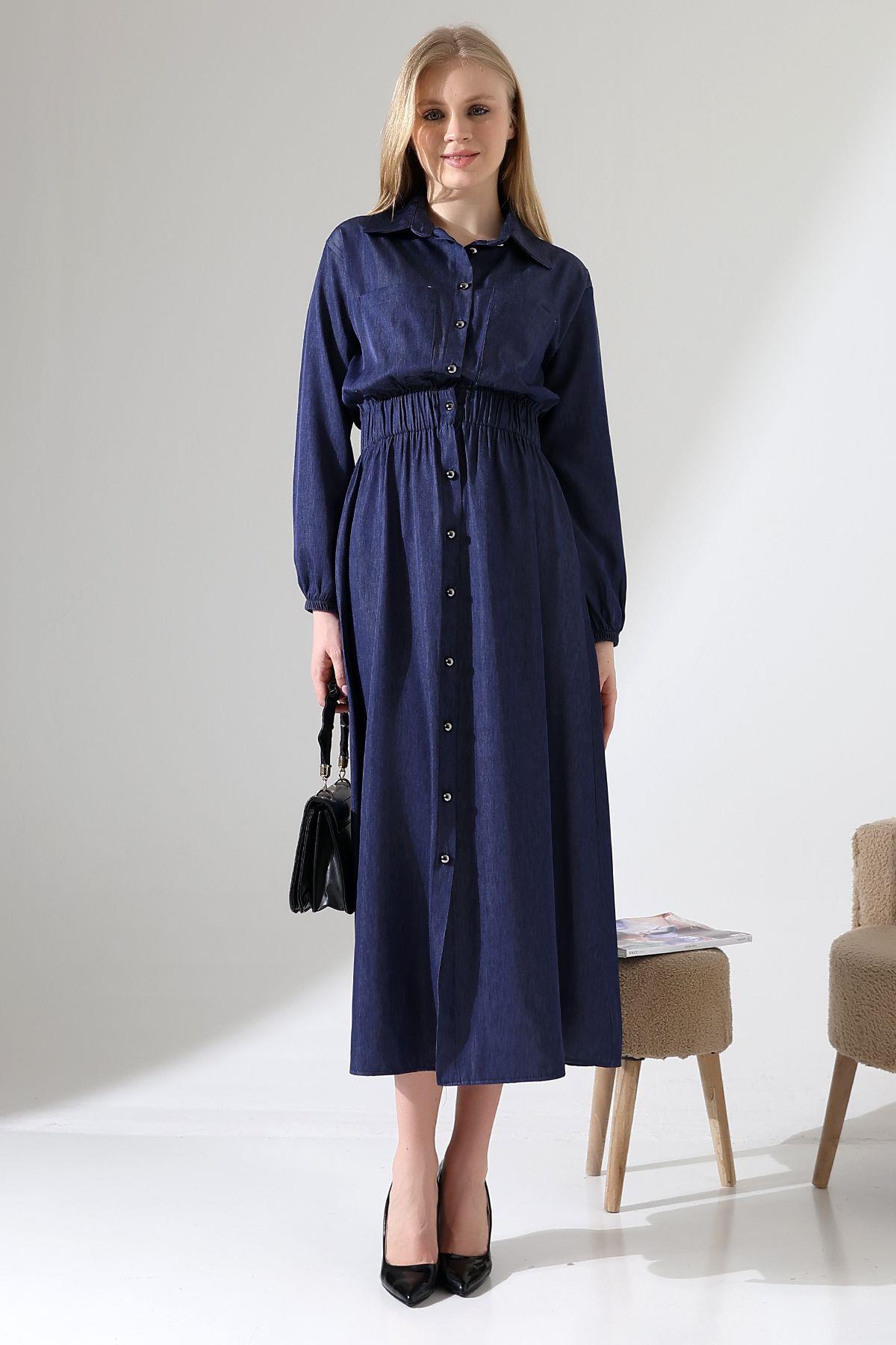 Boydan Düğmeli Bel Lastik Torba Cepli Elbise