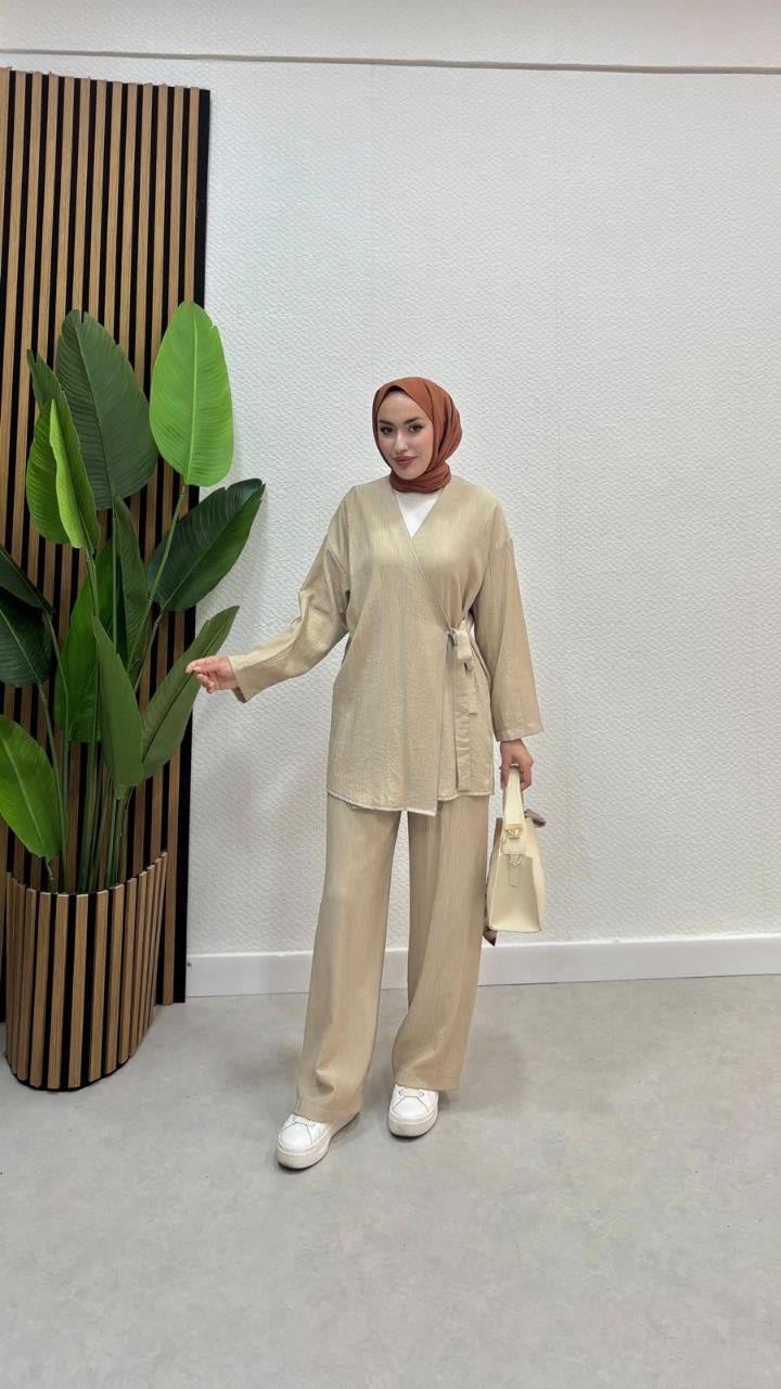 Çapraz Bağlamalı Keten Kimono Pantolon Takım