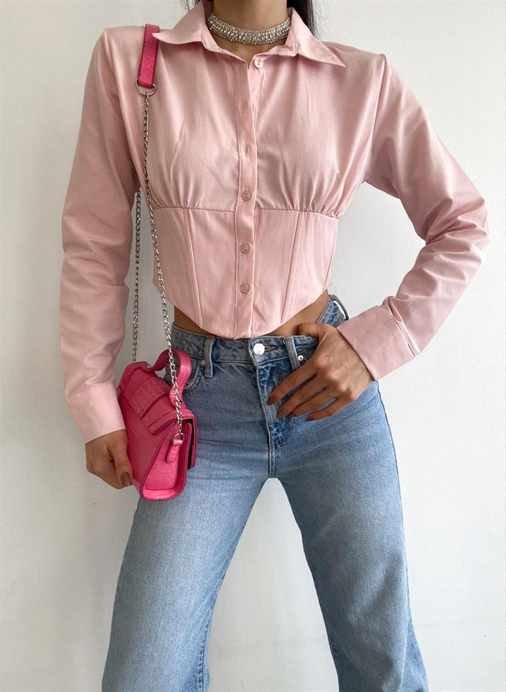 Crop Gömlek Fit Dar Kesim Beli Lastikli