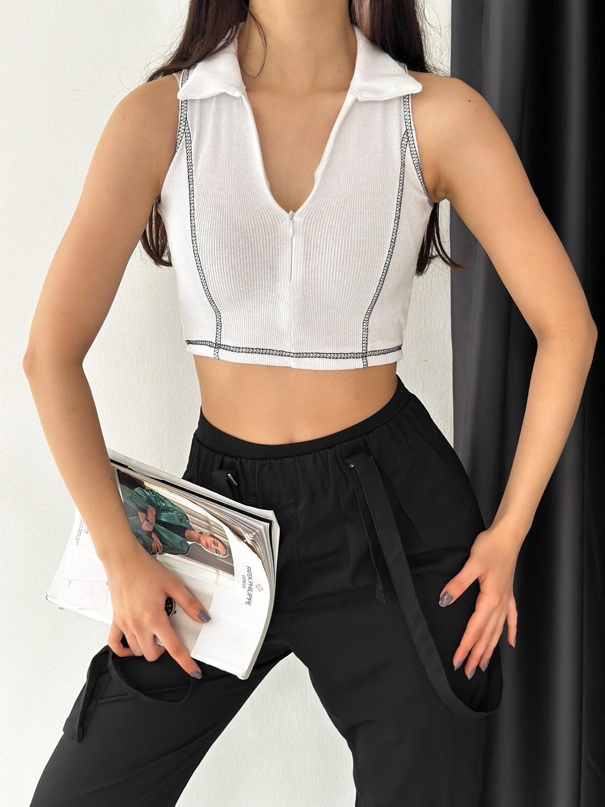 Fermuarlı Polo Yaka Kaşkorse Crop