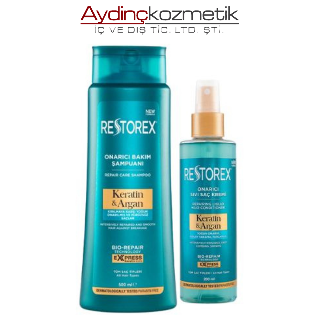 Restorex Keratin & Argan Onarıcı Saç Bakım Şampuanı 500 ml + Onarıcı Sıvı Saç Bakım Kremi 200 ml 