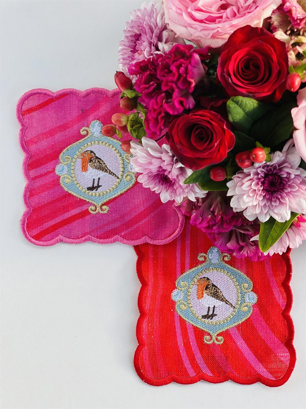 Bird Linen Coaster (Pink & Red)