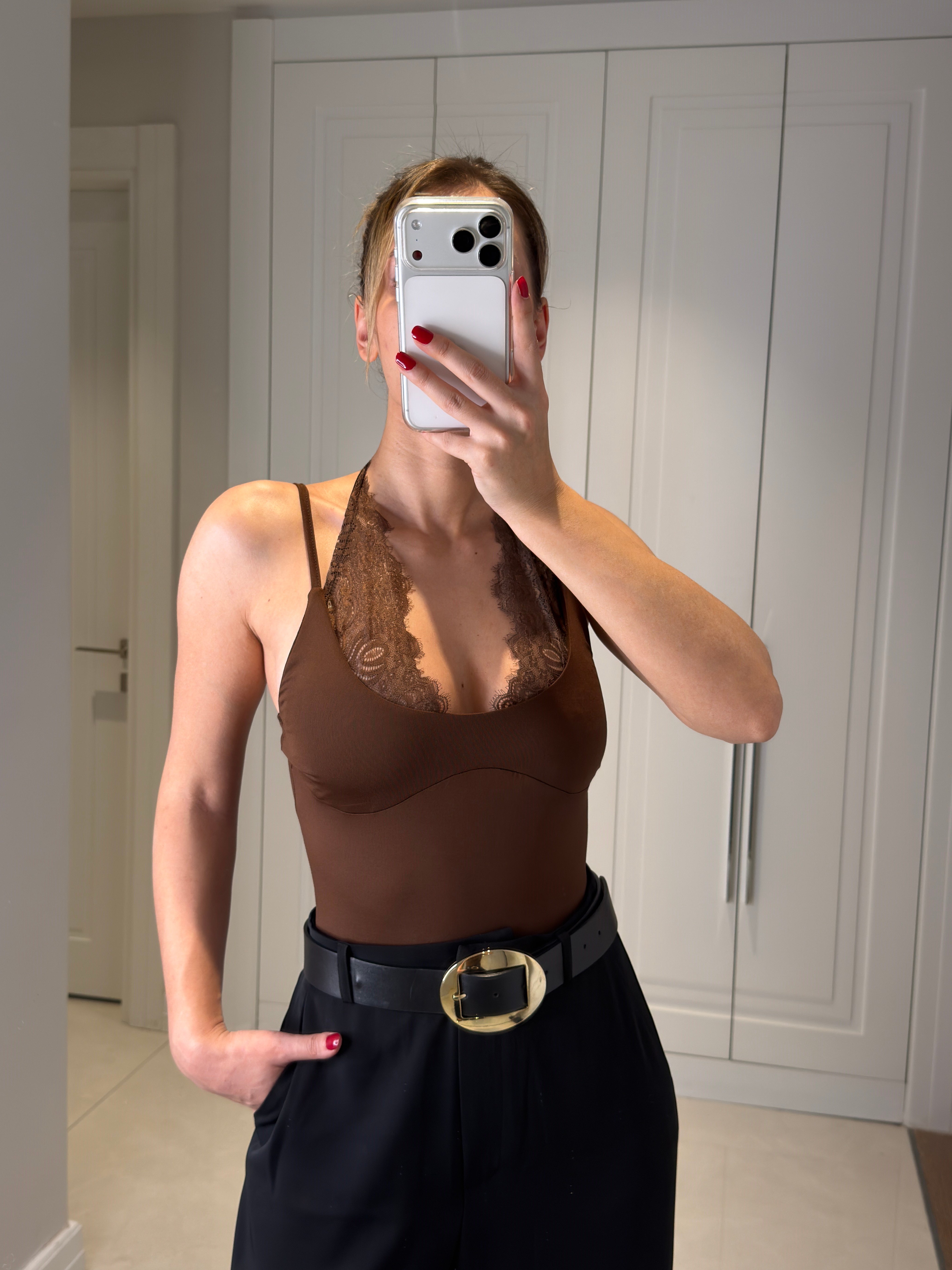 Adel Kahve Dantel Askılı Bodysuit