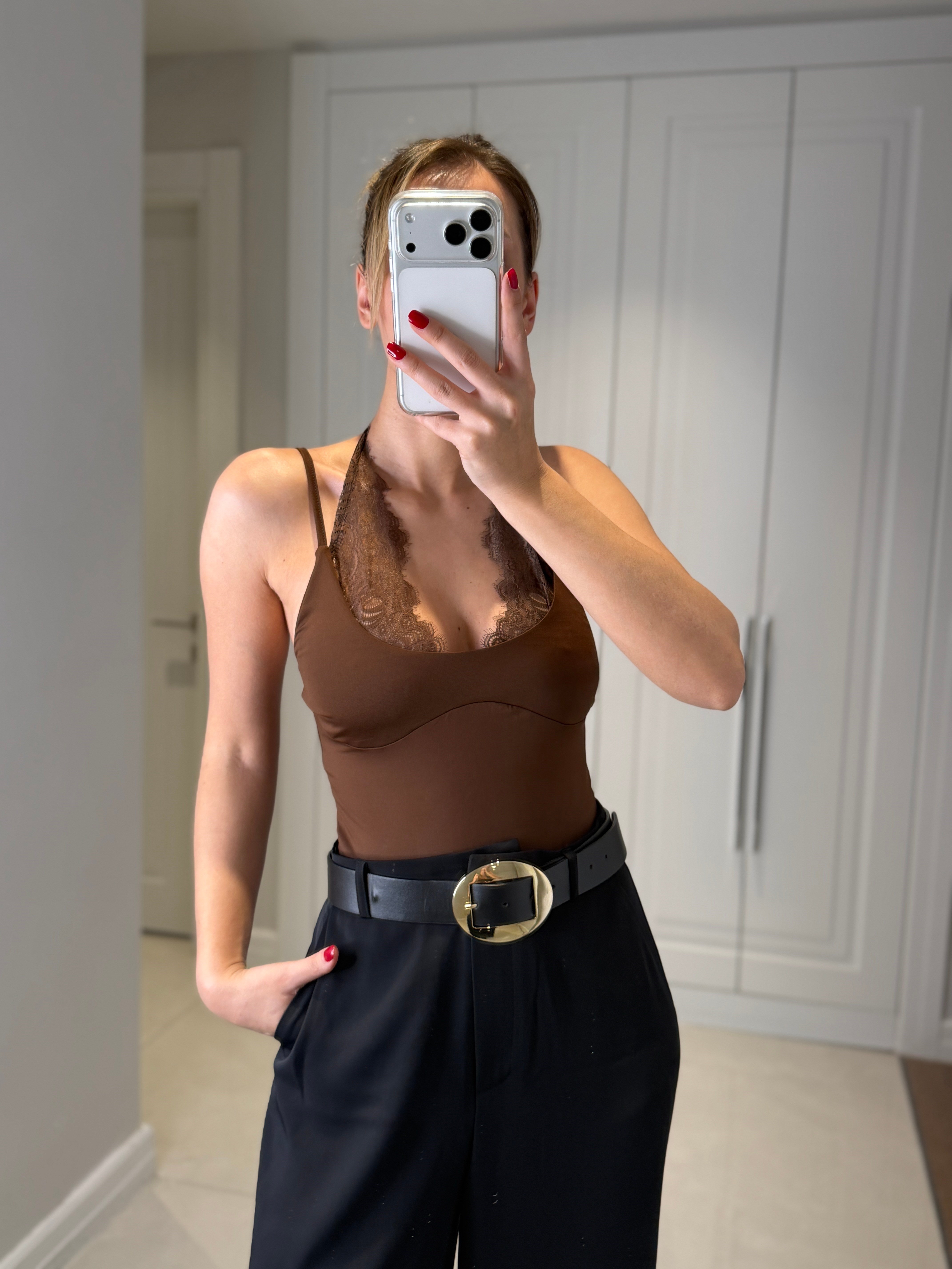 Adel Kahve Dantel Askılı Bodysuit