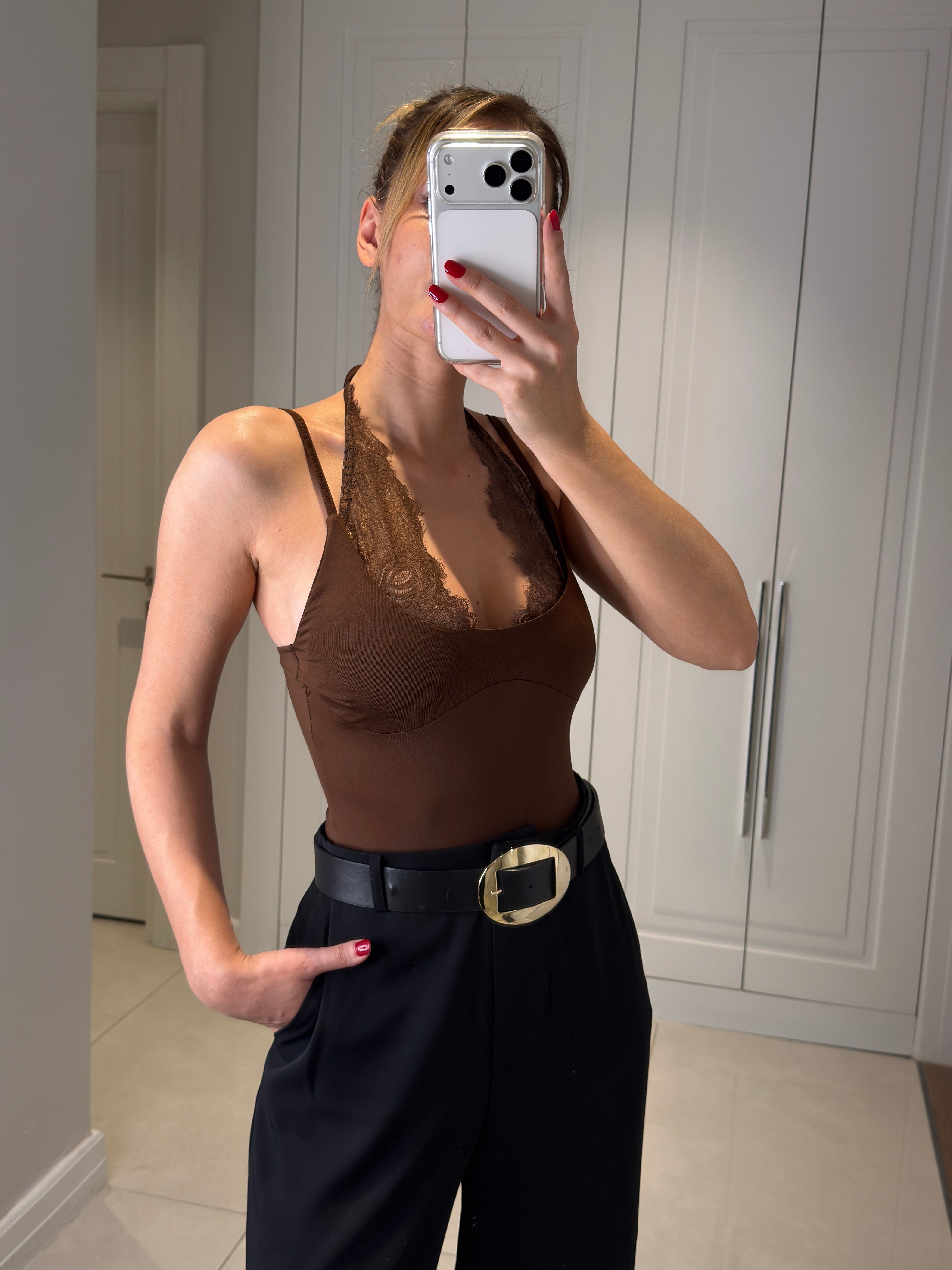 Adel Kahve Dantel Askılı Bodysuit