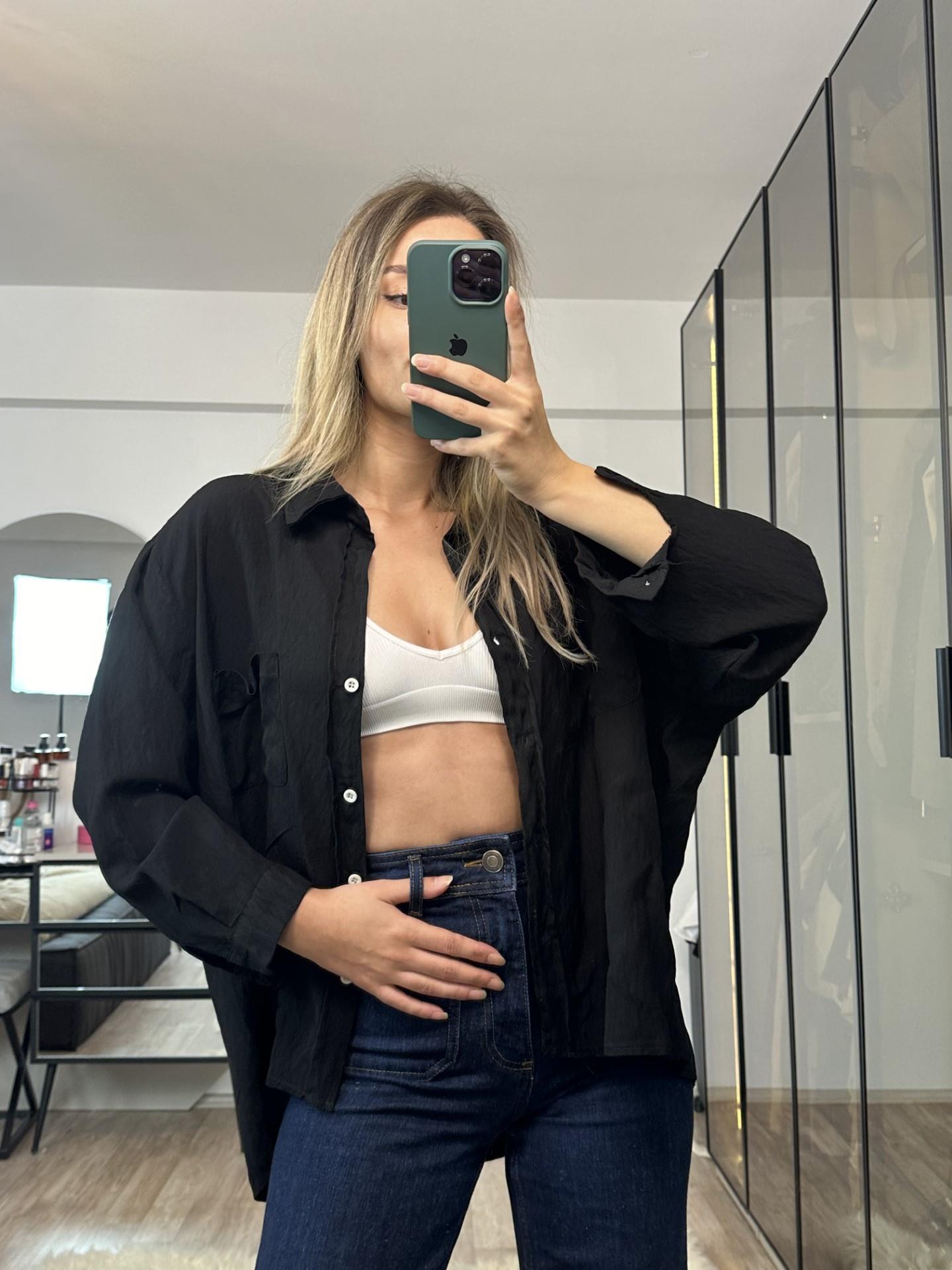 Alberta Siyah Çift Cepli Oversize Gömlek