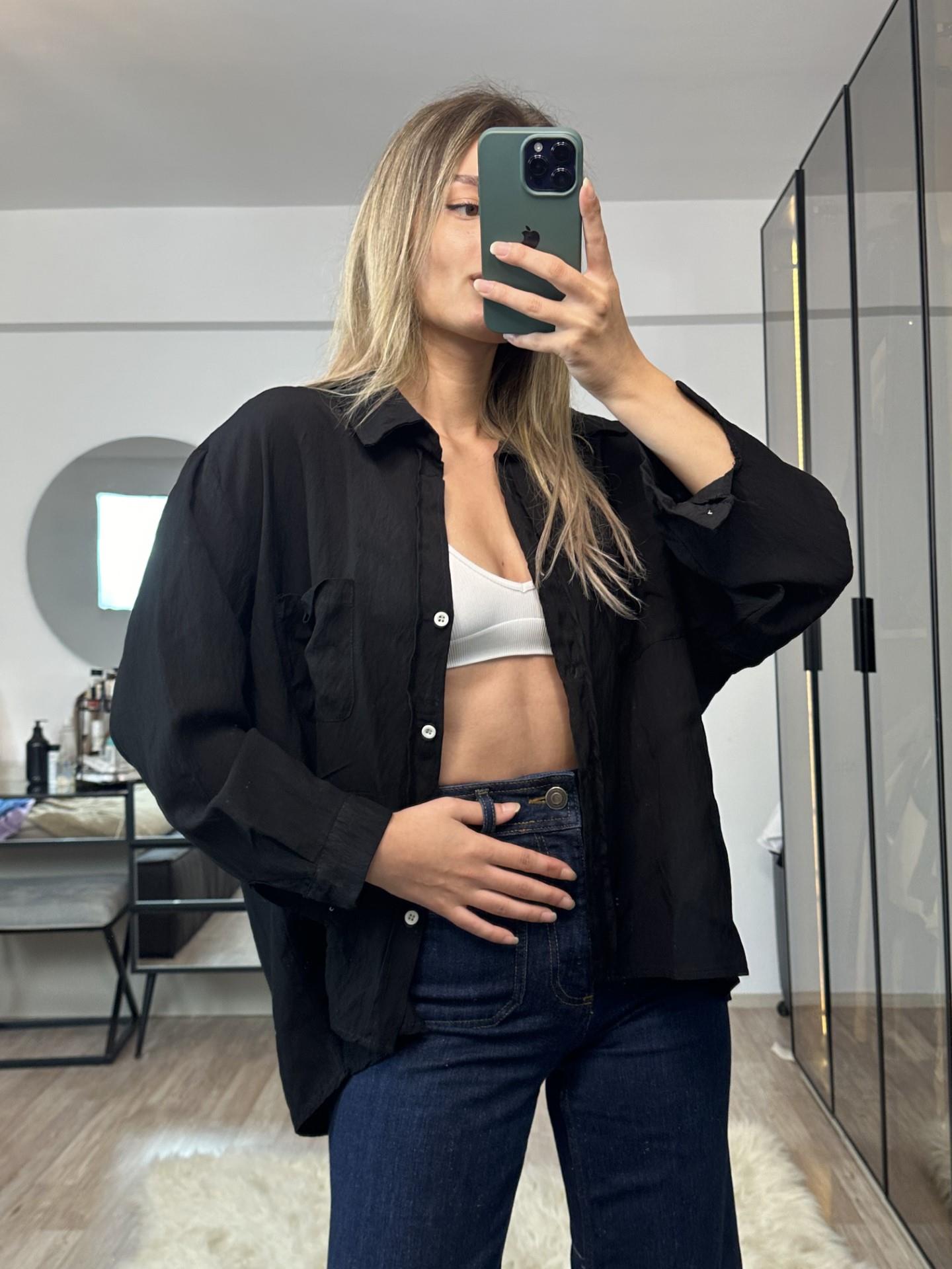 Alberta Siyah Çift Cepli Oversize Gömlek