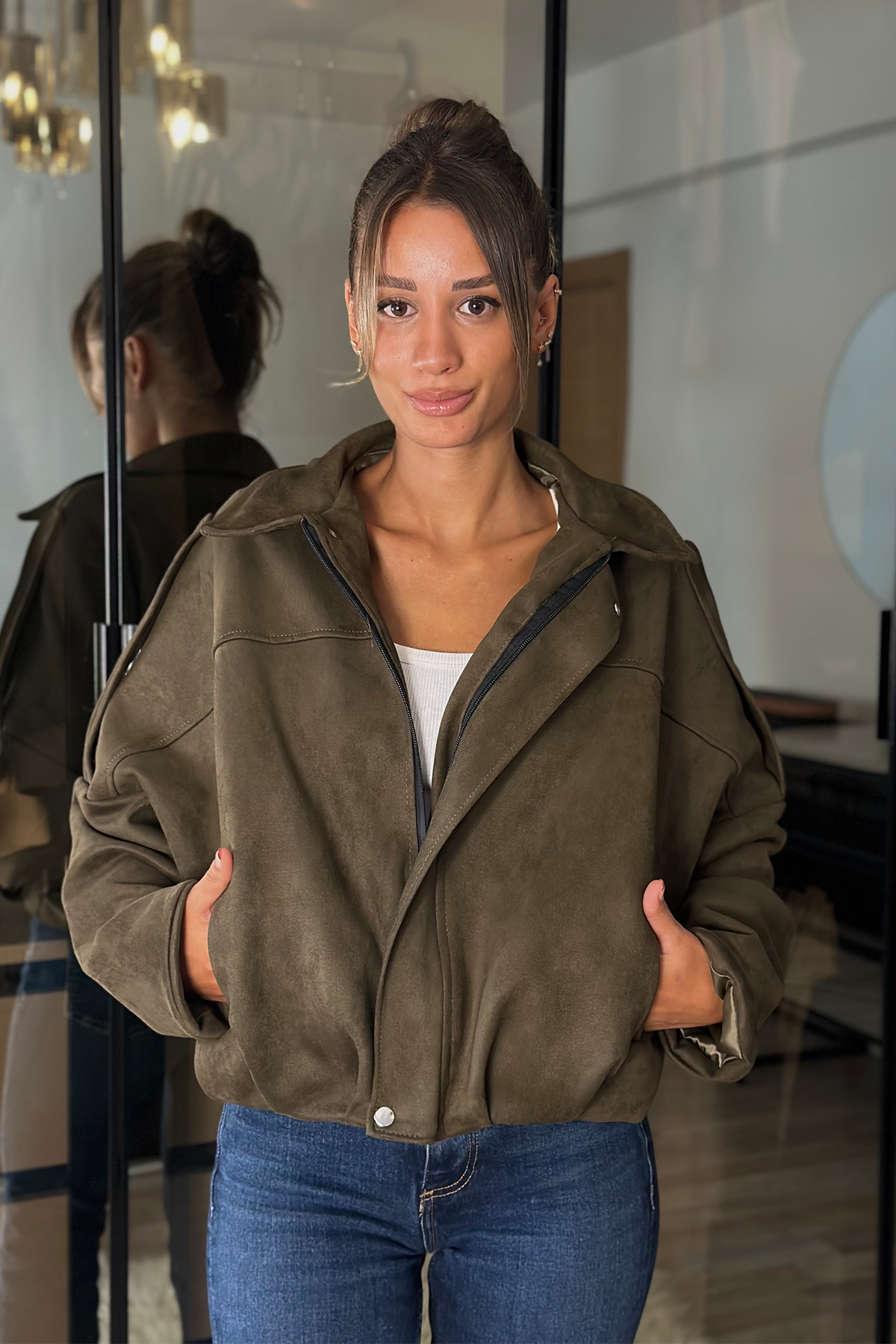 Alice Oversize Haki Bomber Viral Süet Ceket