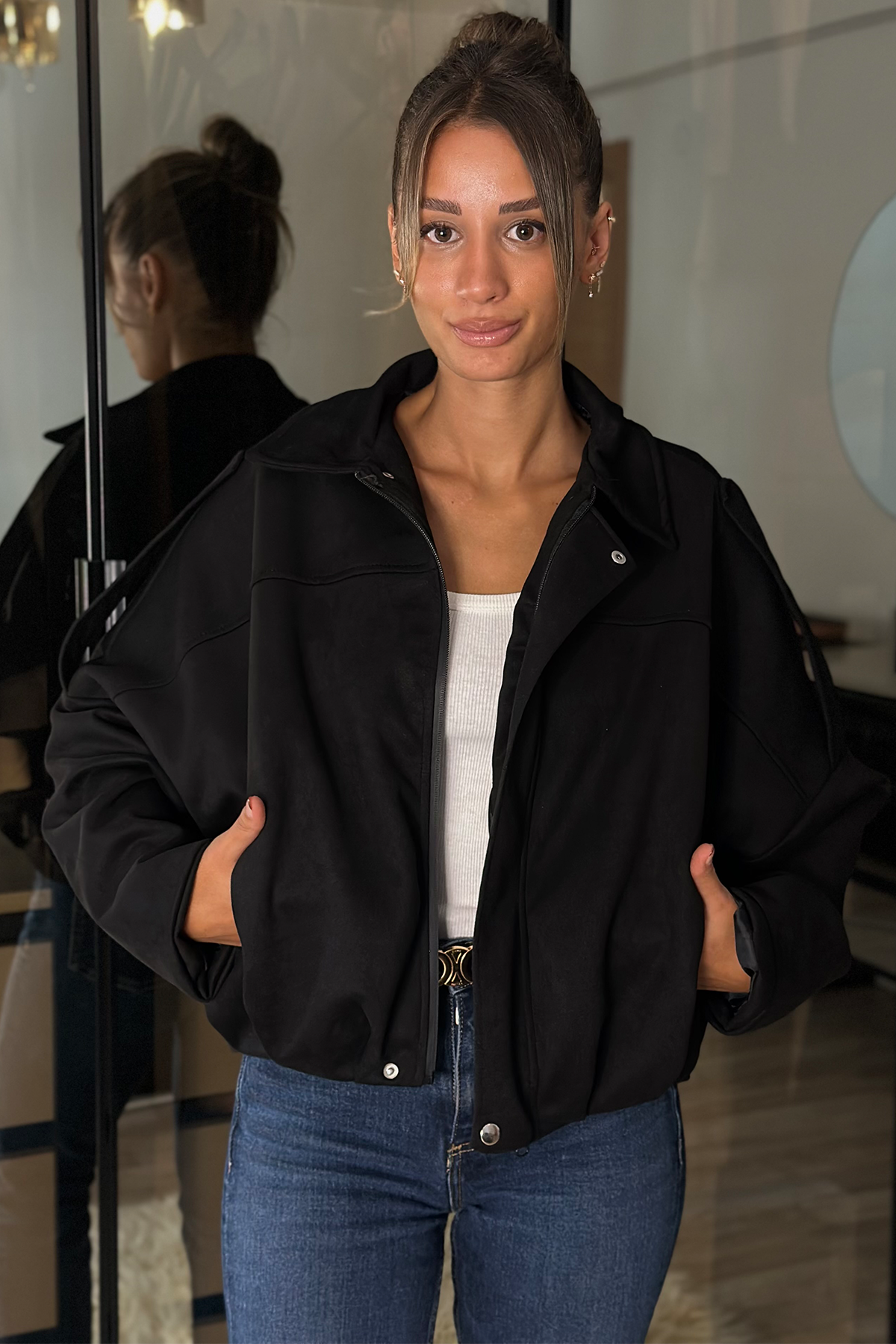Alice Oversize Siyah Bomber Viral Süet Ceket