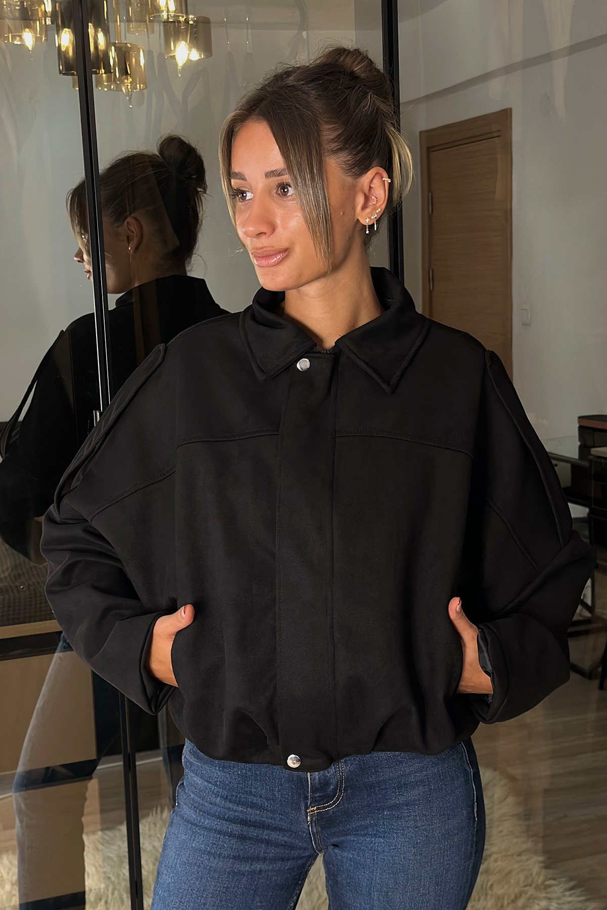 Alice Oversize Siyah Bomber Viral Süet Ceket