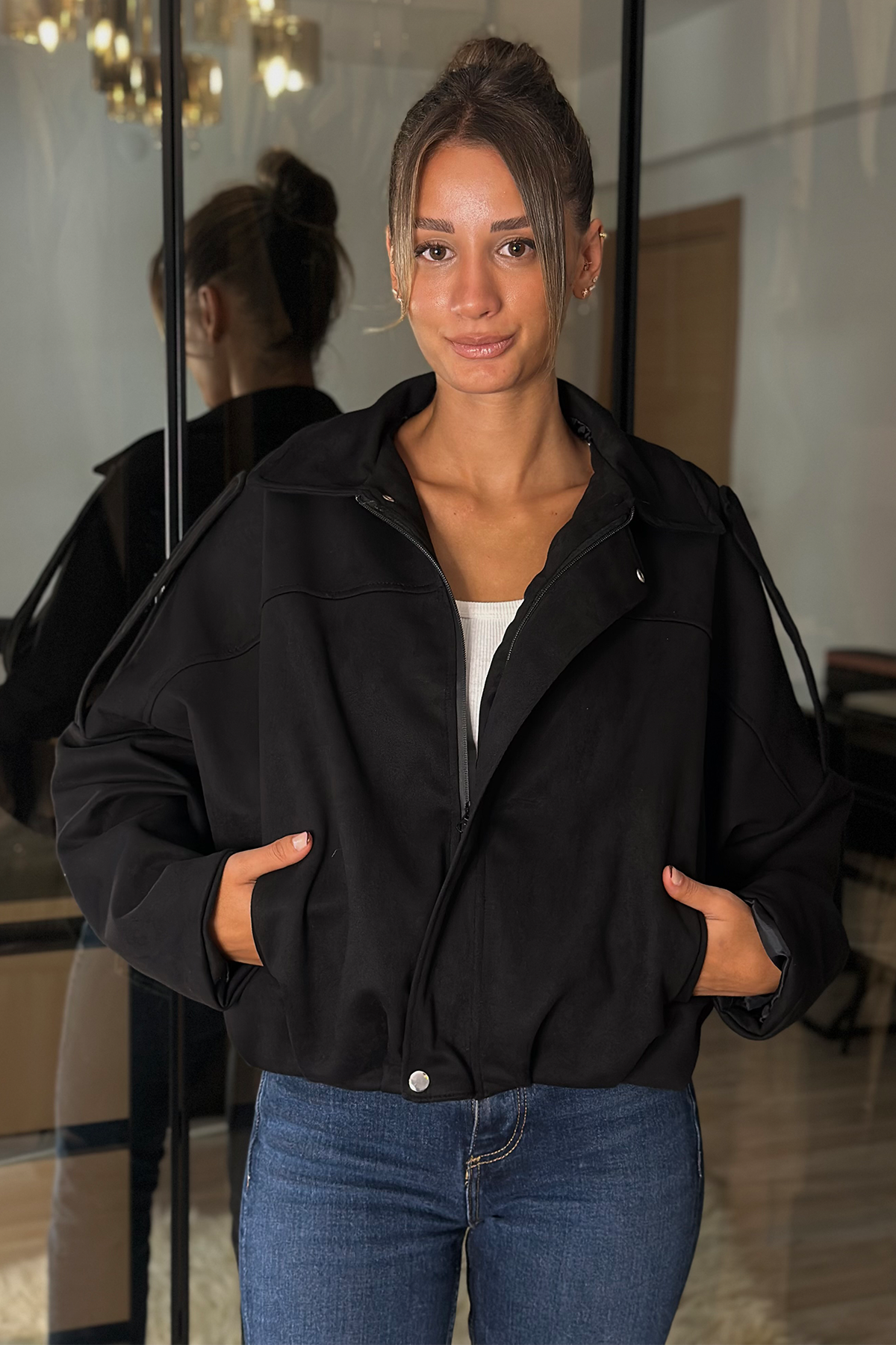 Alice Oversize Siyah Bomber Viral Süet Ceket